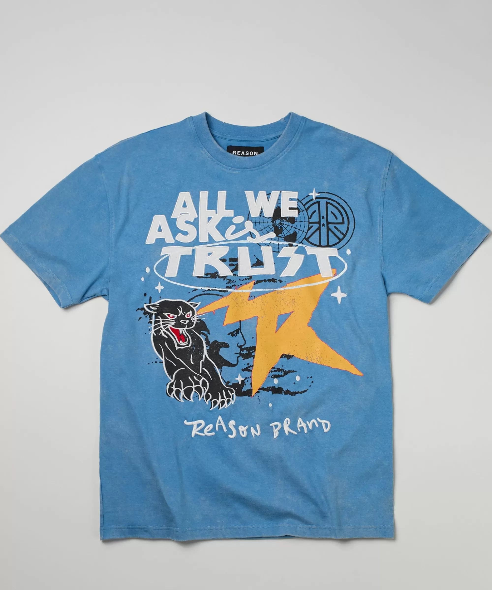 Discount All We Ask Is Trust Embroidered Washed Short Sleeve Tee - Blue Graphic Tees