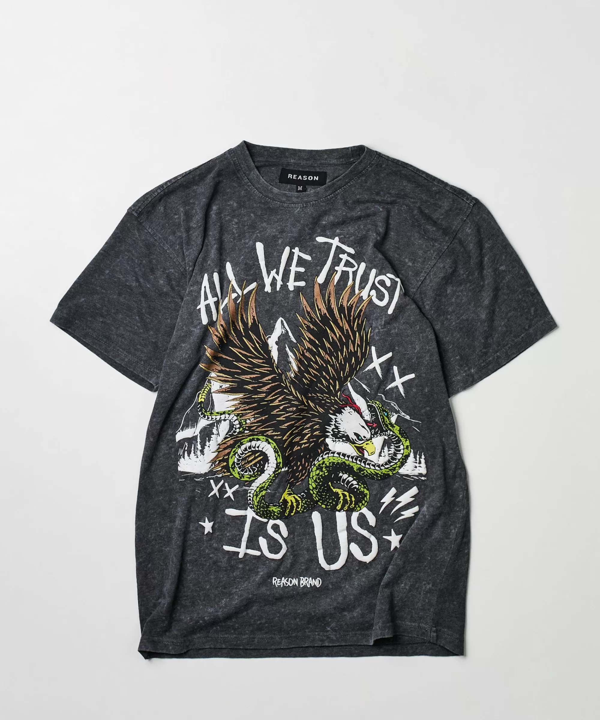Best All We Trust Burnout Wash Short Sleeve Graphic Print Tee - Charcoal Graphic Tees