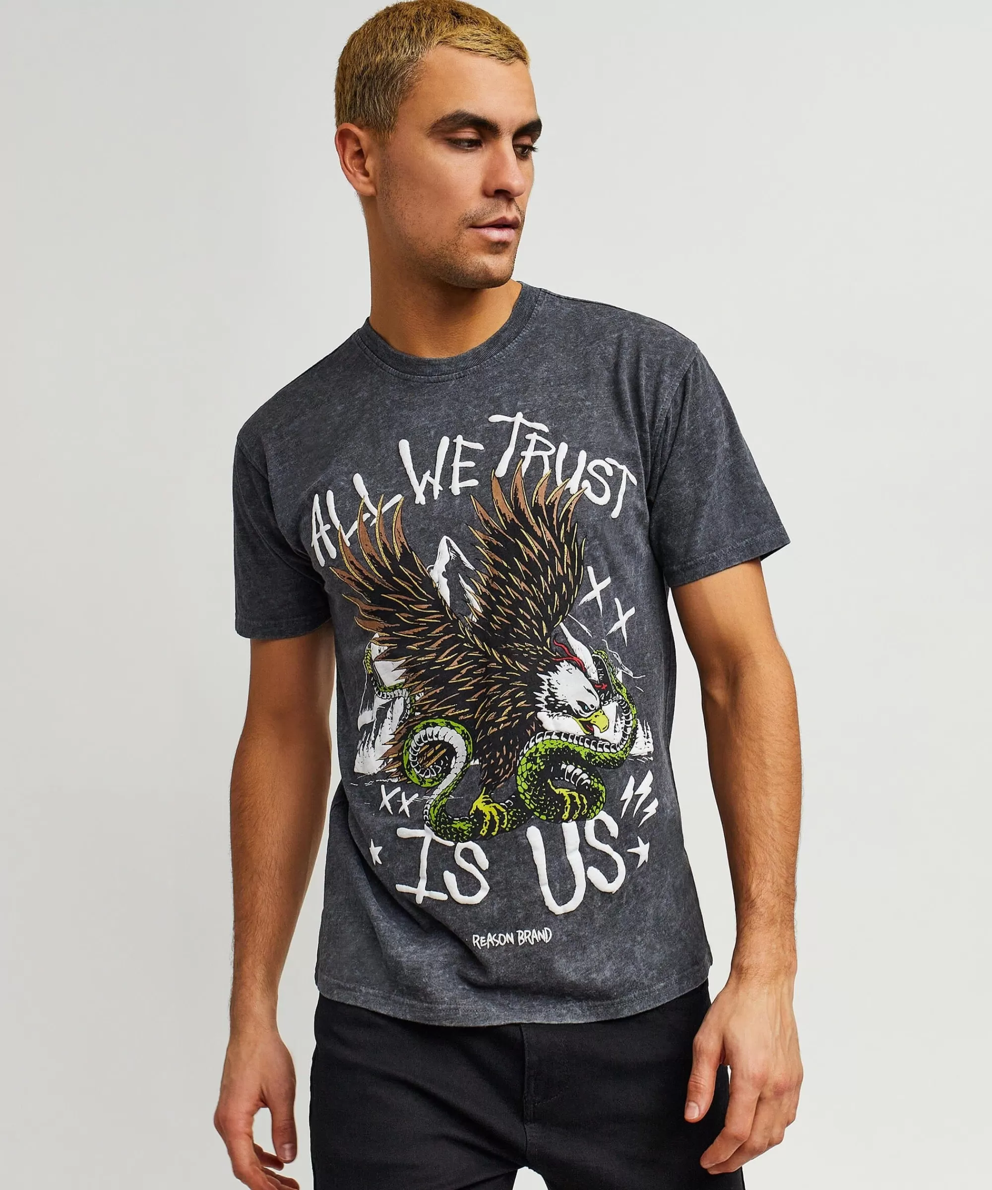 Best All We Trust Burnout Wash Short Sleeve Graphic Print Tee - Charcoal Graphic Tees