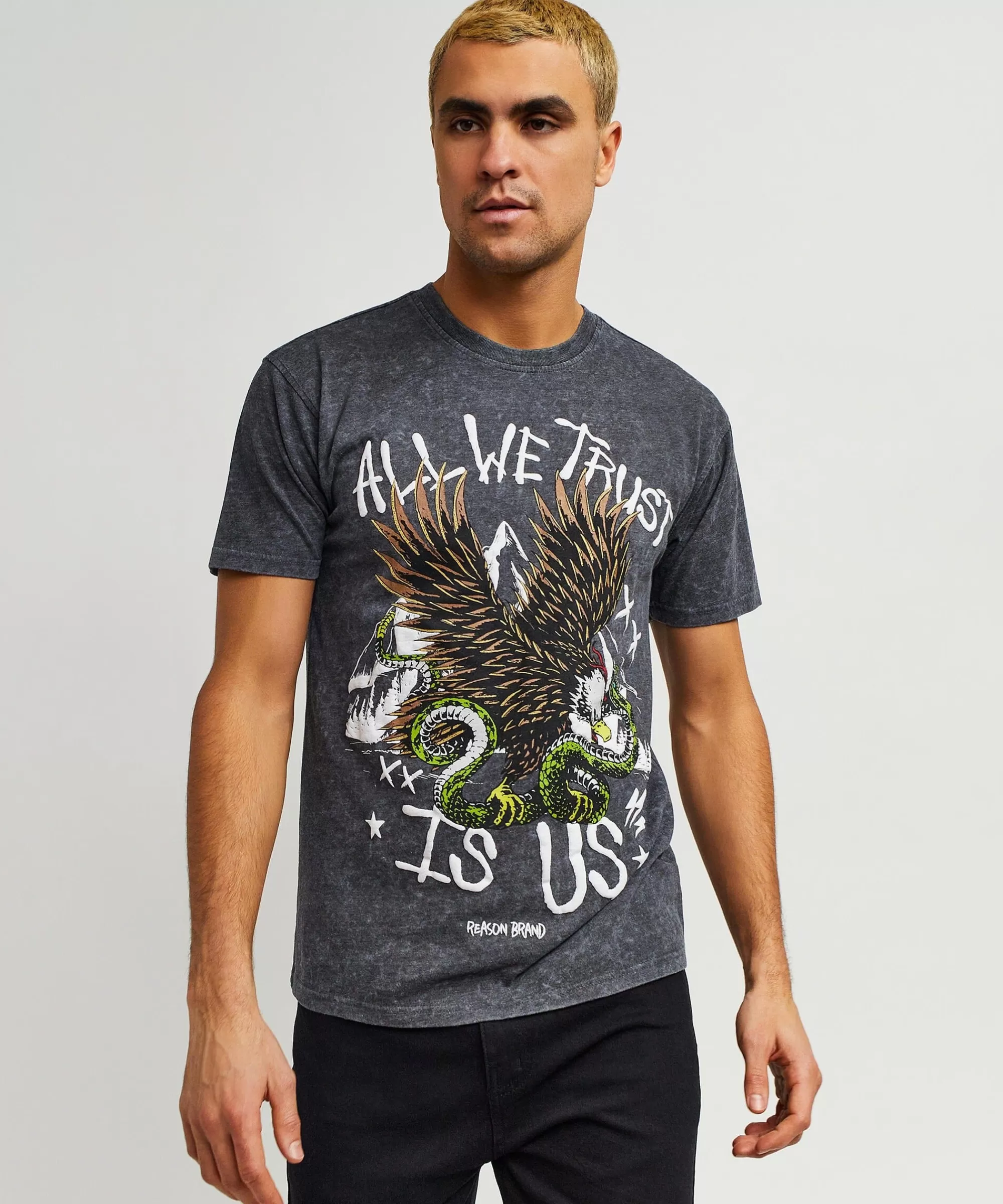 Best All We Trust Burnout Wash Short Sleeve Graphic Print Tee - Charcoal Graphic Tees