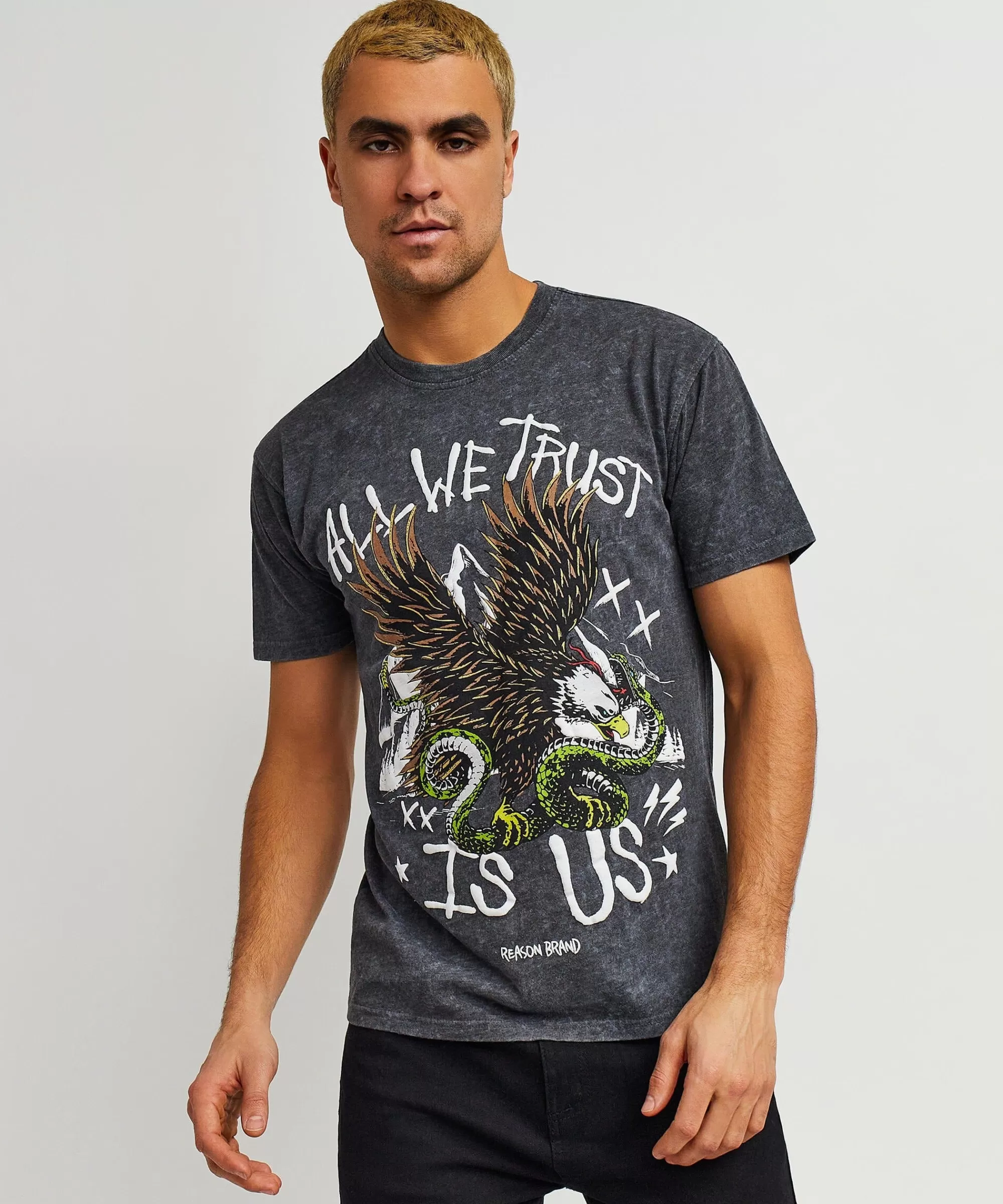 Best All We Trust Burnout Wash Short Sleeve Graphic Print Tee - Charcoal Graphic Tees
