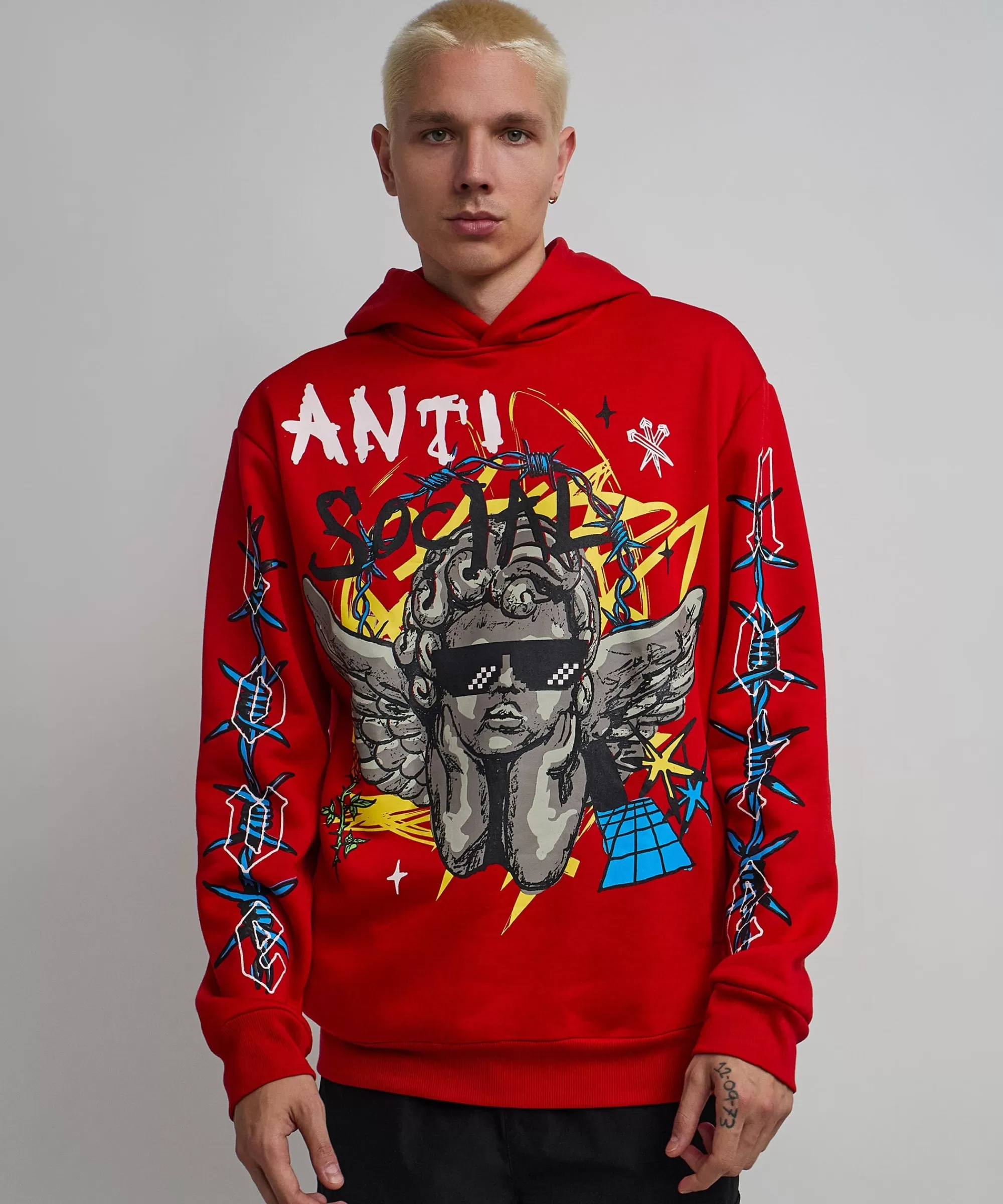 Cheap Anti Social Cherub Graphic Print Hoodie - Red Hoodies | Hoodies