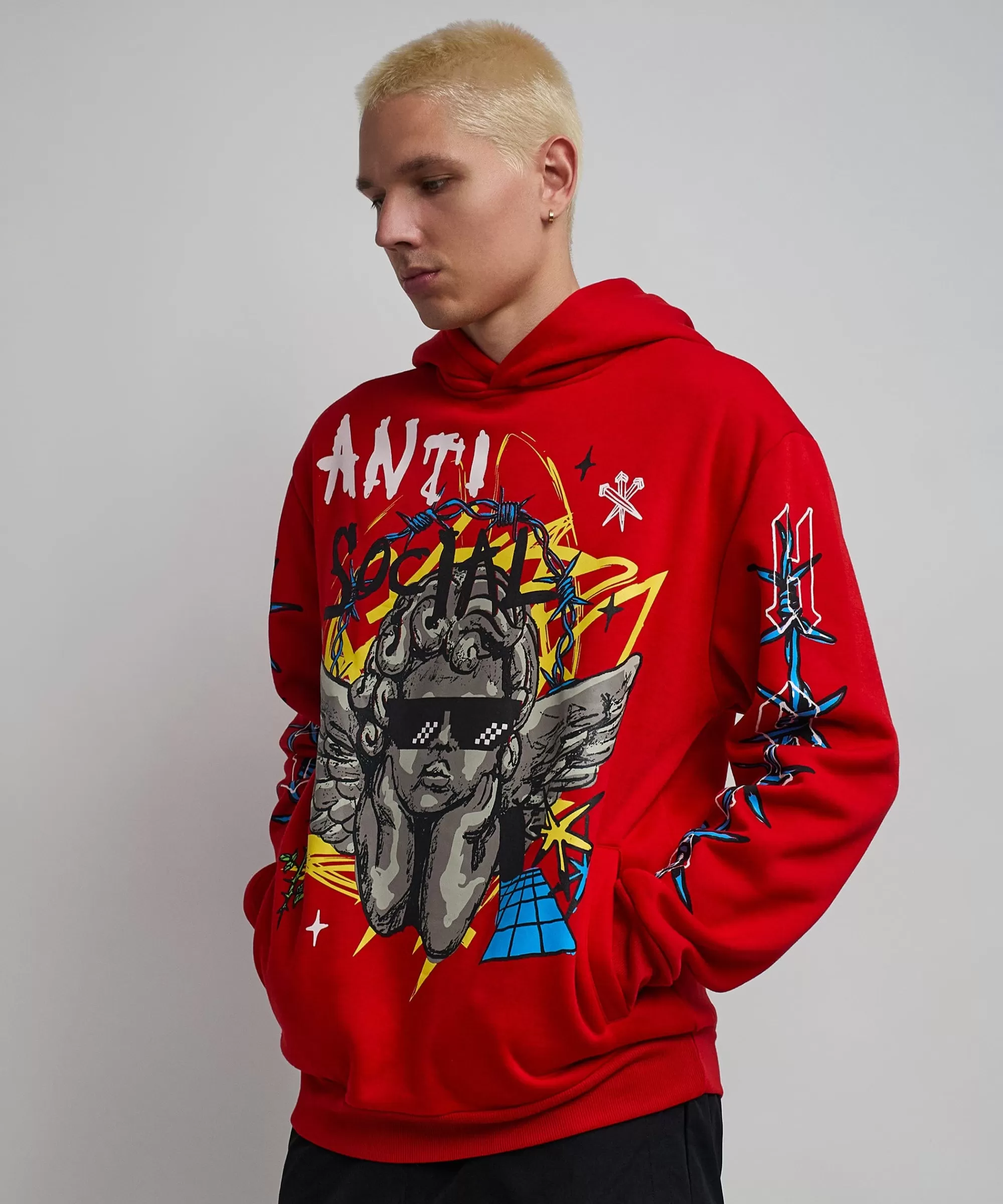 Cheap Anti Social Cherub Graphic Print Hoodie - Red Hoodies | Hoodies