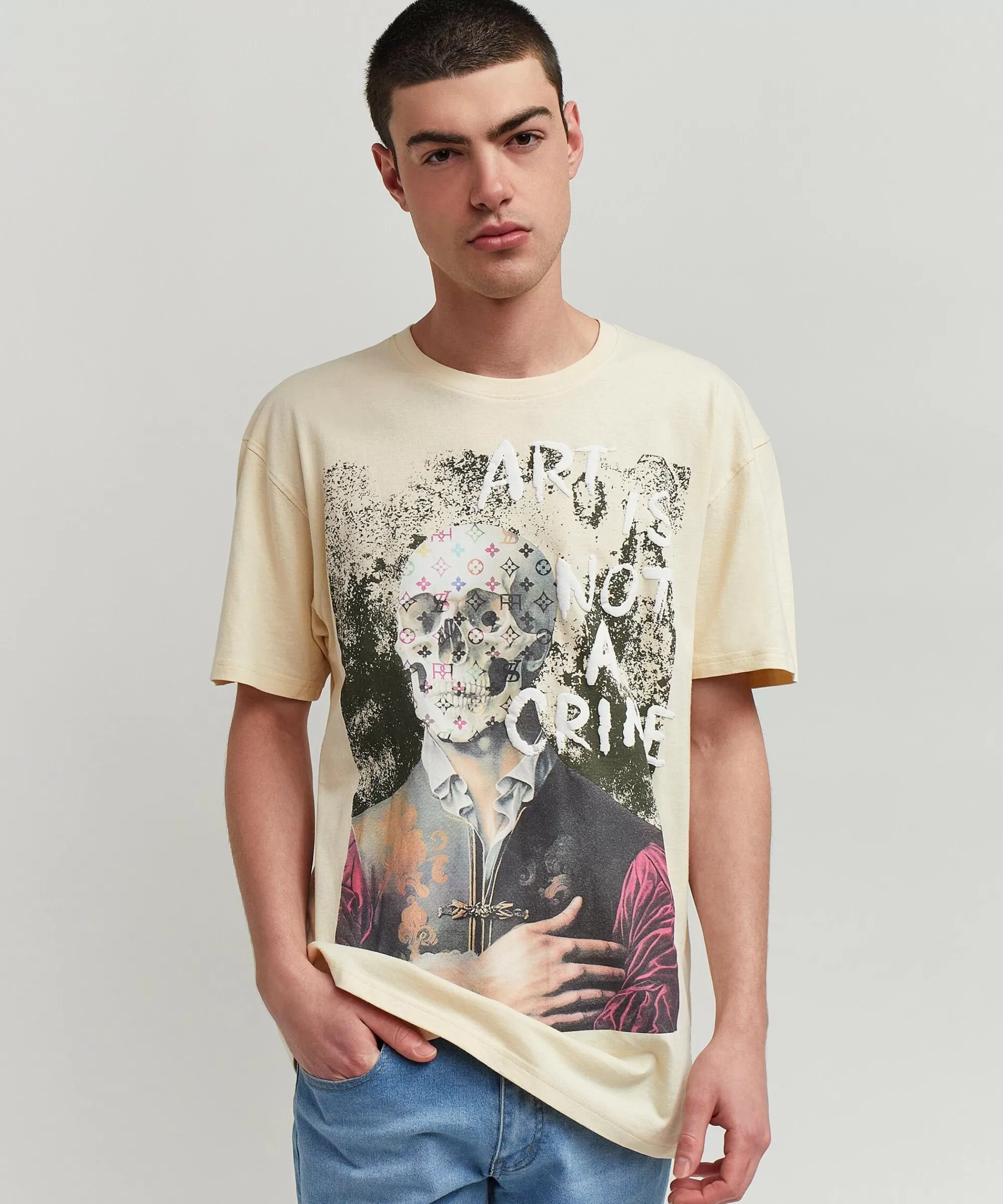 Hot Art Is Not A Crime Short Sleeve Graphic Print Tee - Khaki Graphic Tees