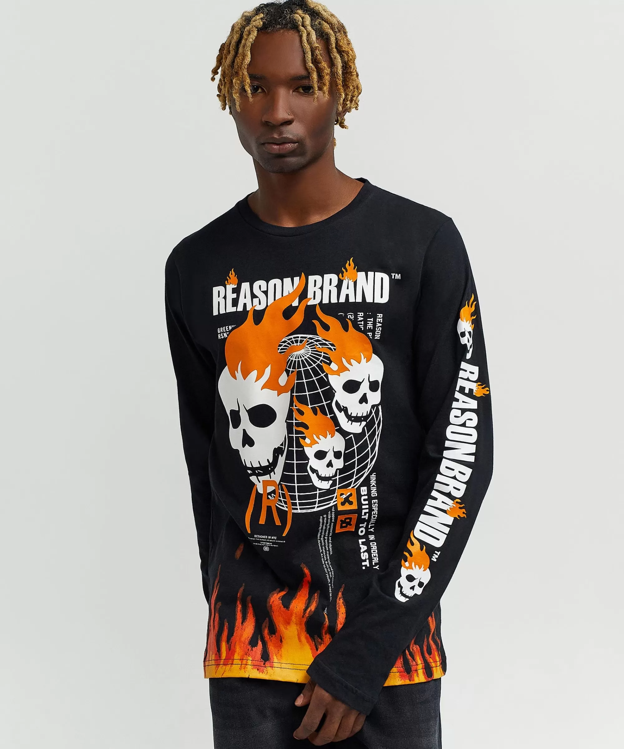 Shop Brad Skull Flame Placement Print Long Sleeve Tee Long Sleeve Tees | Graphic Tees