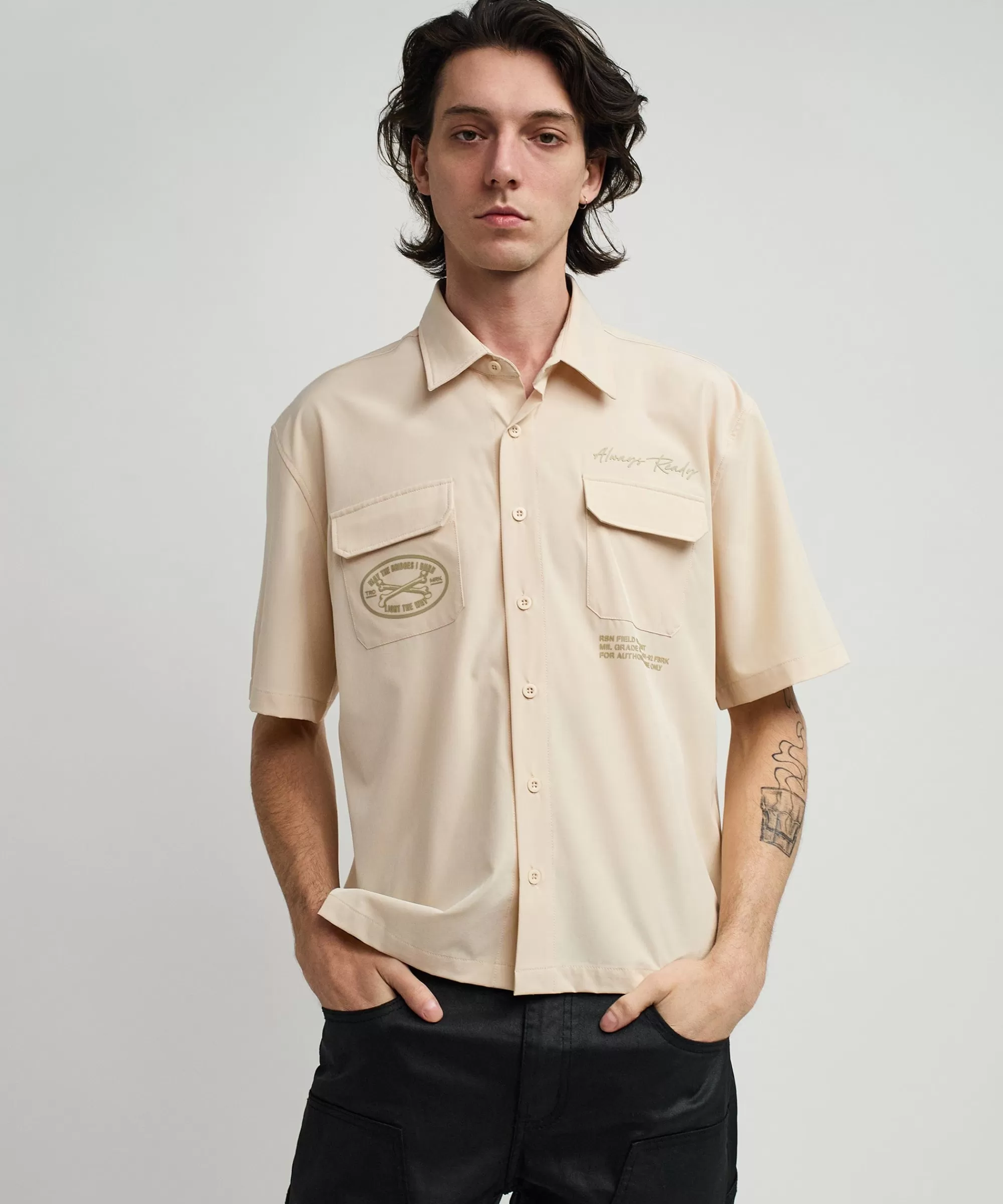 Best Sale Bridges Utility Stretch Tech Cargo Short Sleeve Shirt - Cream Button Downs