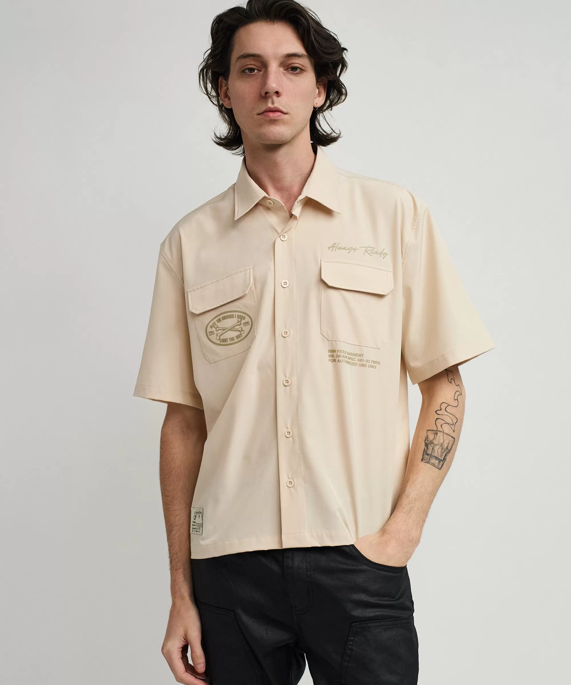 Best Sale Bridges Utility Stretch Tech Cargo Short Sleeve Shirt - Cream Button Downs