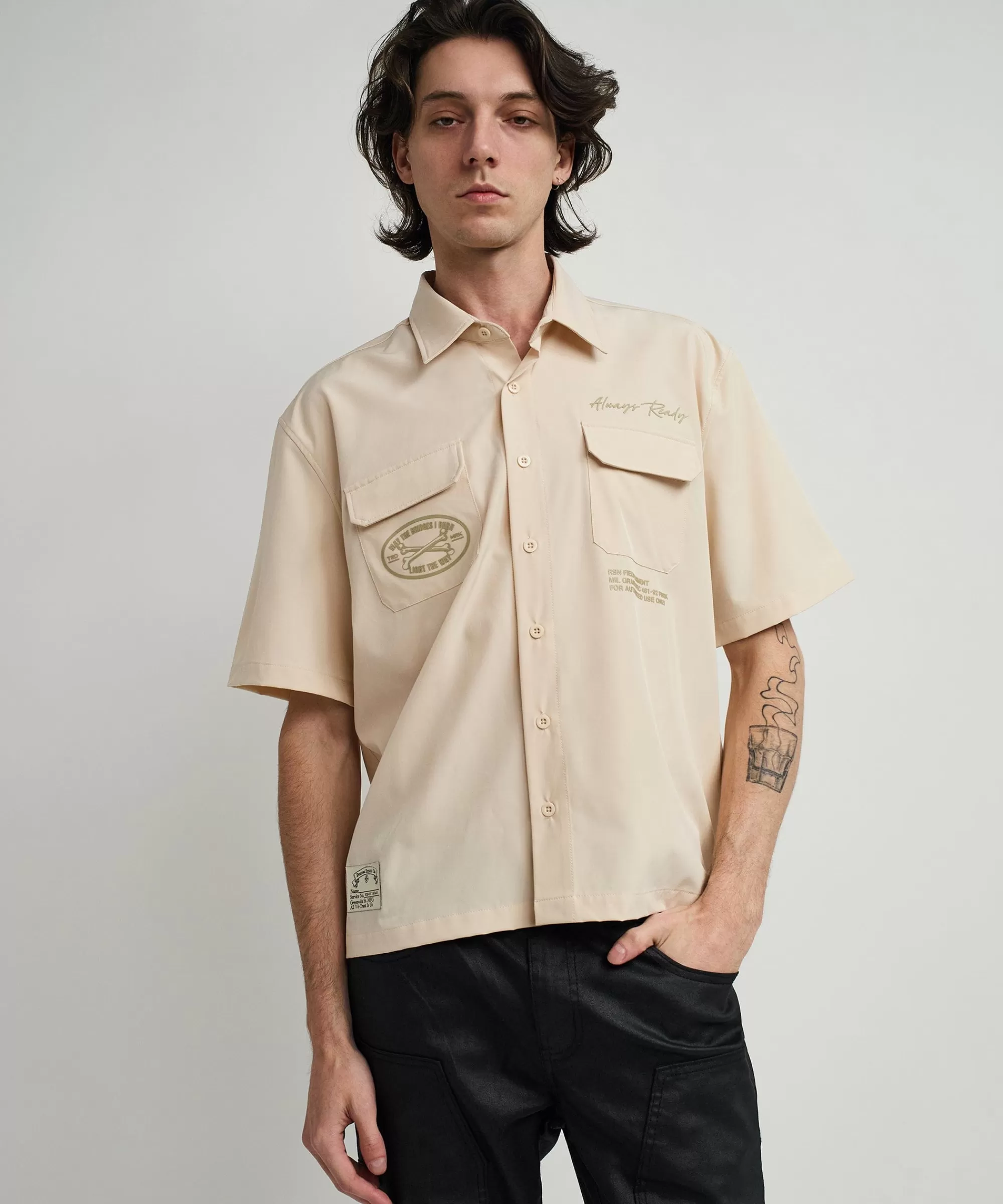 Best Sale Bridges Utility Stretch Tech Cargo Short Sleeve Shirt - Cream Button Downs