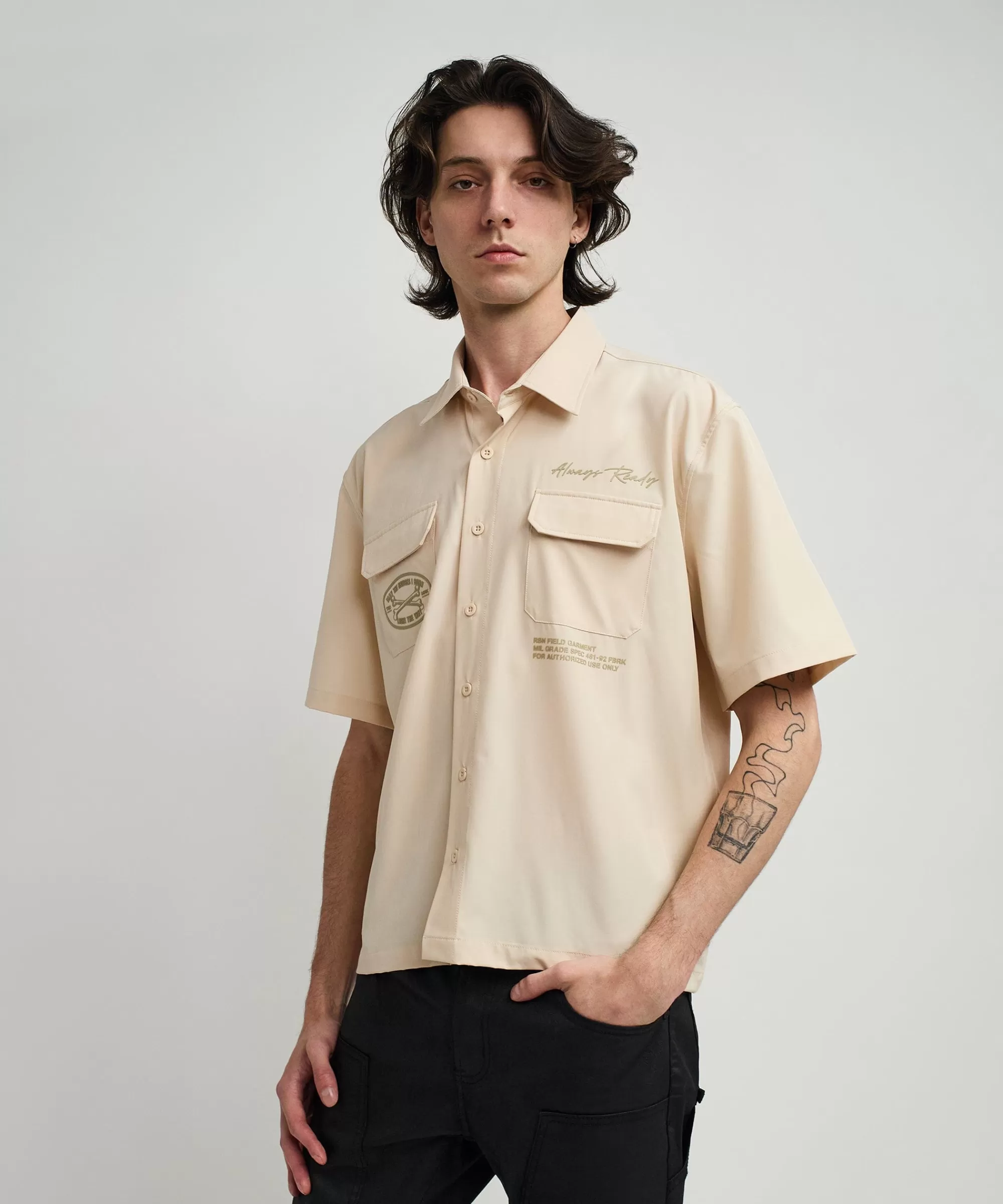 Best Sale Bridges Utility Stretch Tech Cargo Short Sleeve Shirt - Cream Button Downs