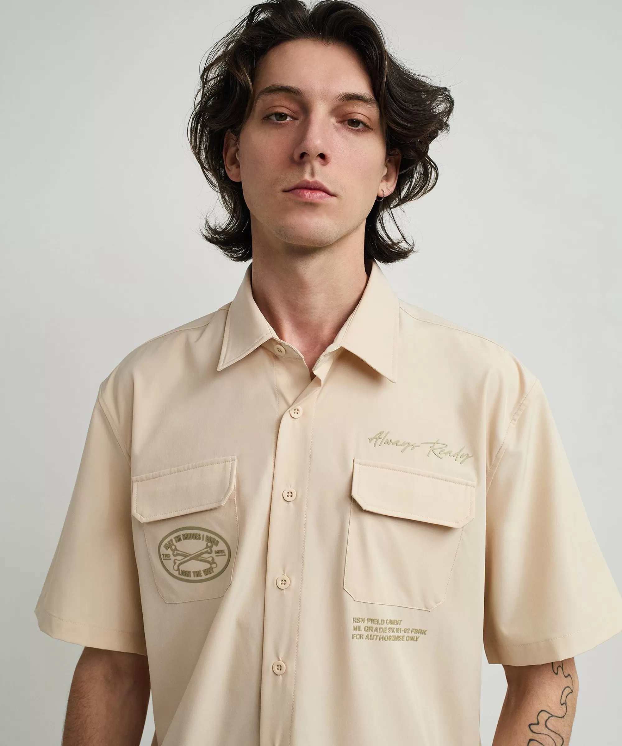 Best Sale Bridges Utility Stretch Tech Cargo Short Sleeve Shirt - Cream Button Downs