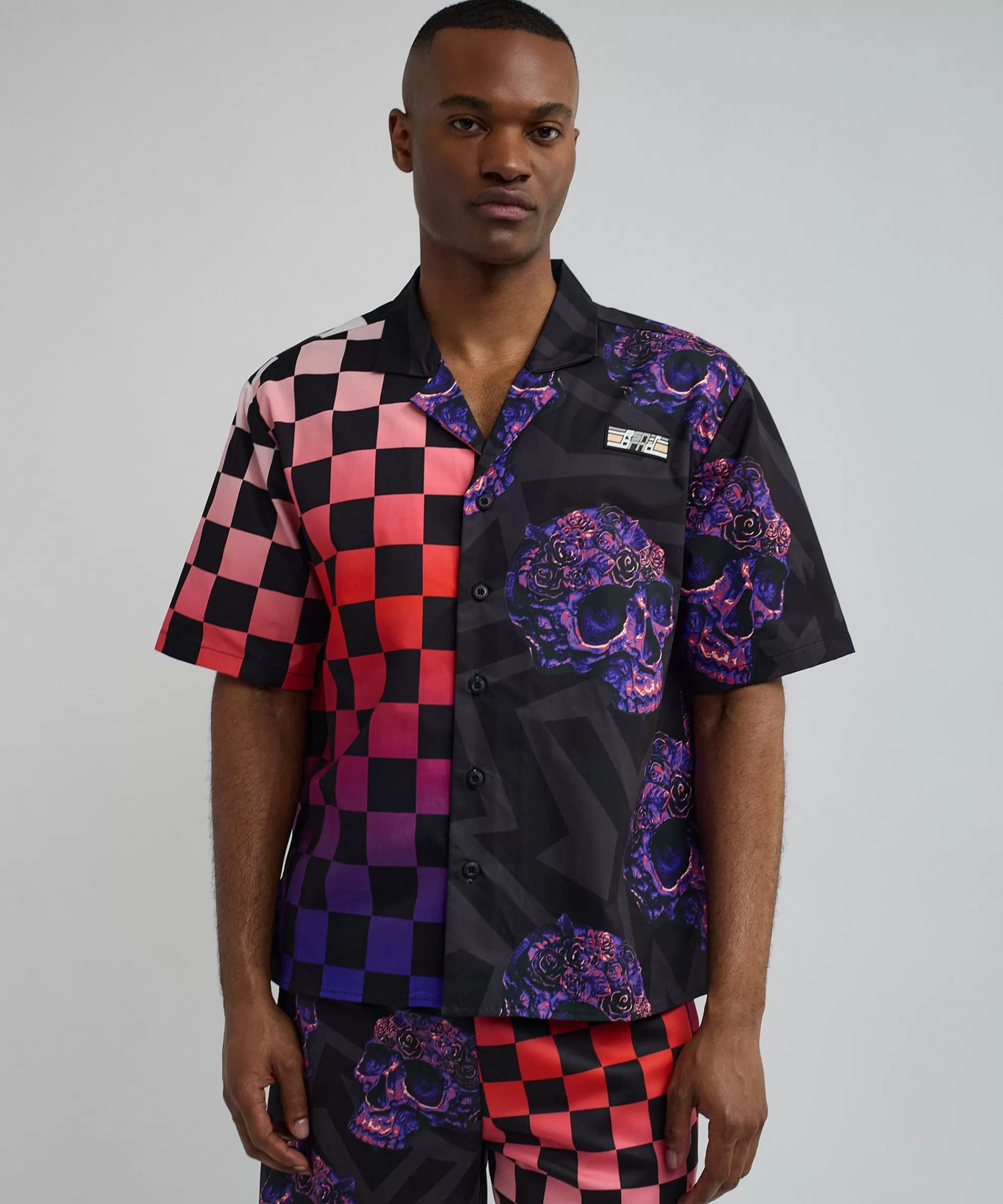 New Checkers And Skulls Split Woven Short Sleeve Shirt Button Downs