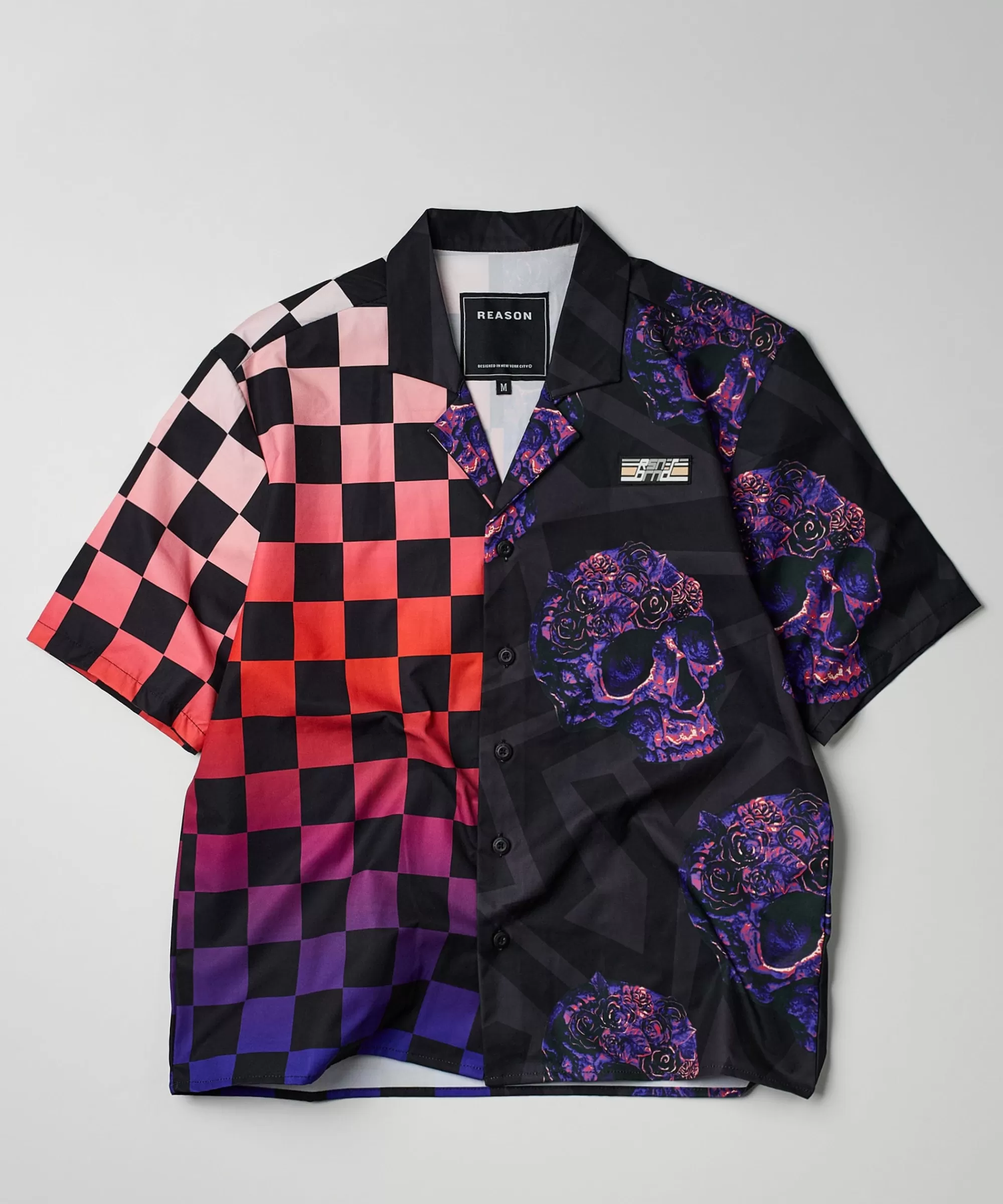 New Checkers And Skulls Split Woven Short Sleeve Shirt Button Downs