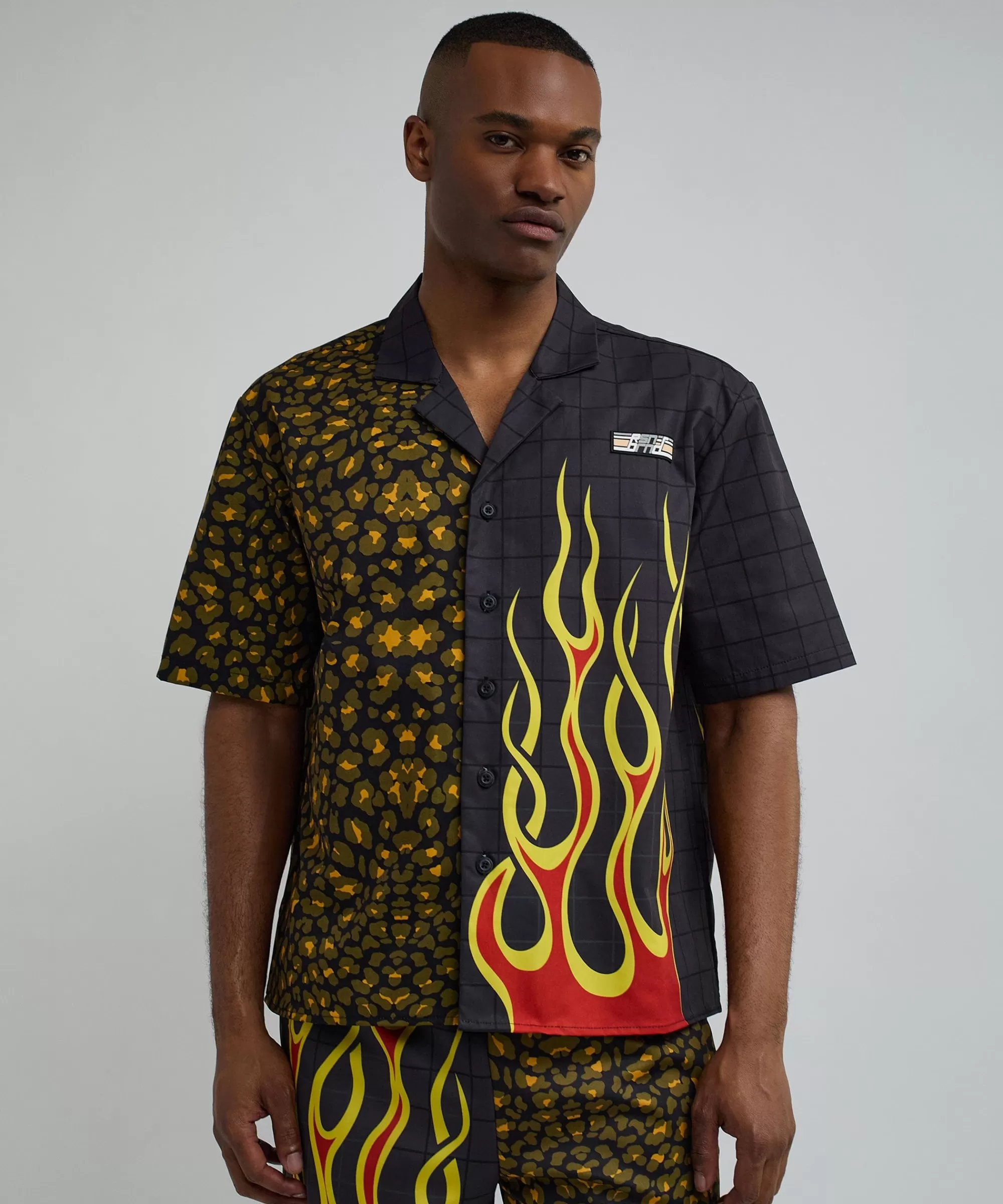 Cheap Cheetah And Flames Split Woven Short Sleeve Shirt Button Downs