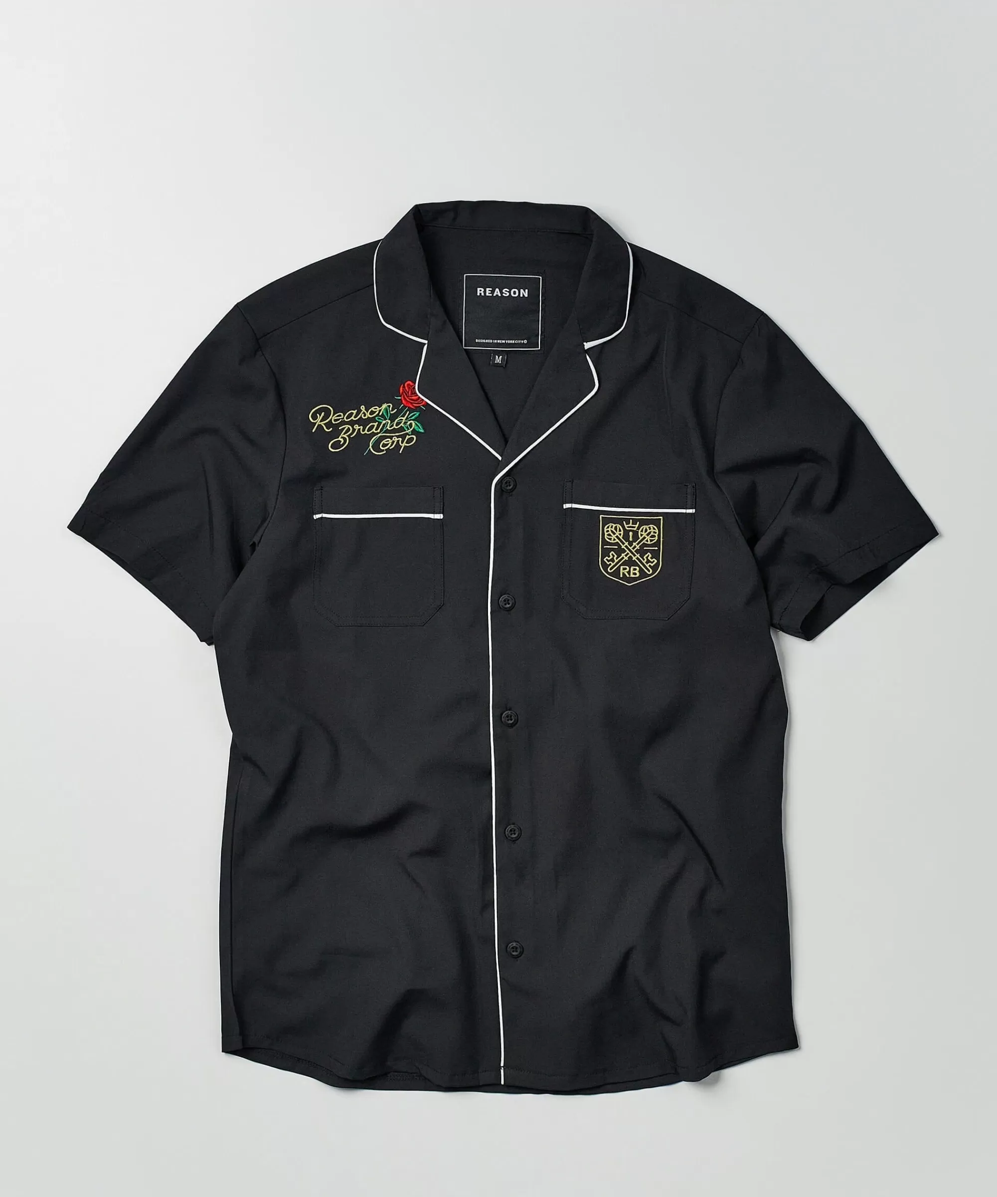 Cheap Clubmaster Short Sleeve Embroidered Button Down Shirt - Black Button Downs