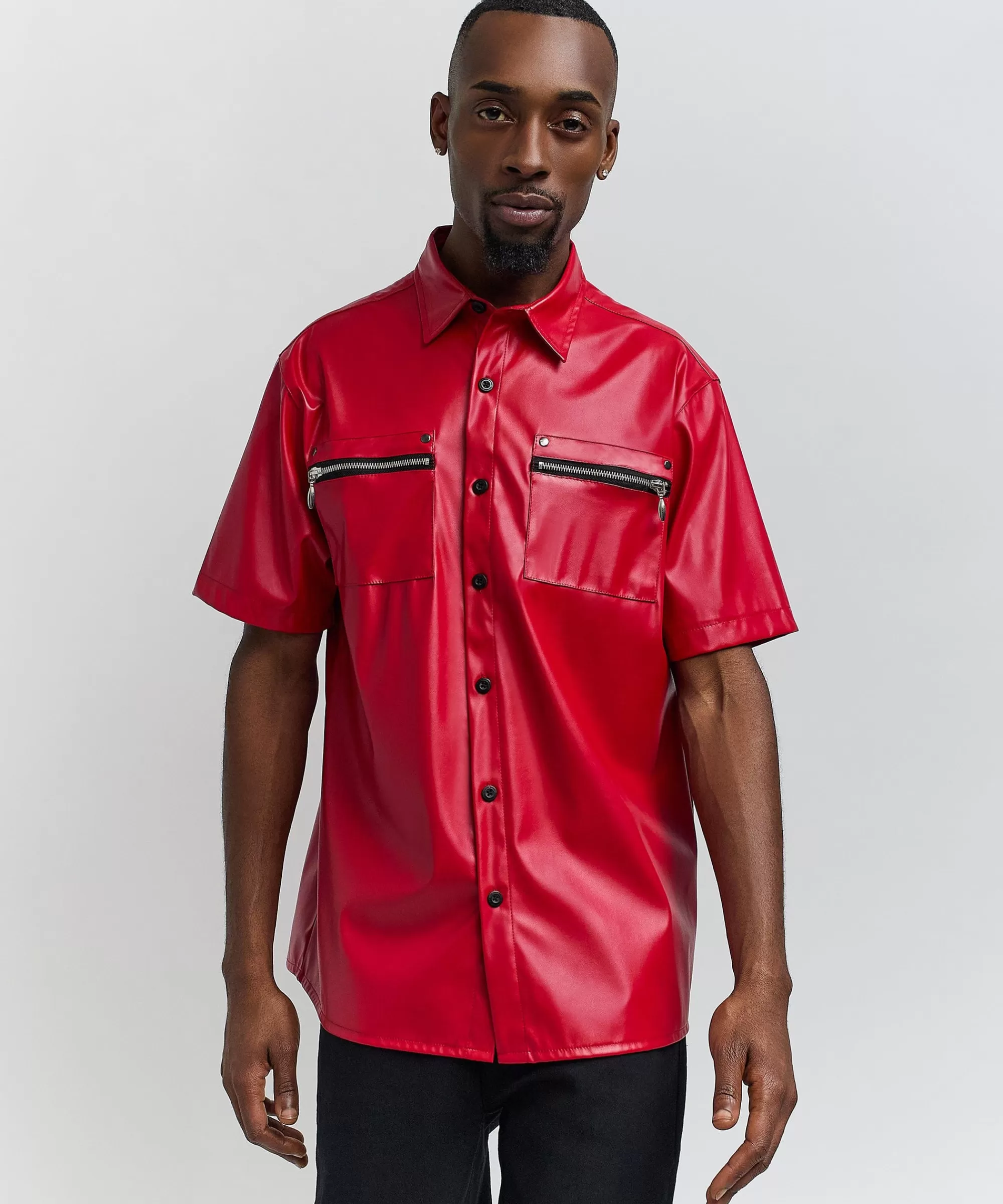 Outlet Dante Faux Leather Short Sleeve Shirt - Red Button Downs