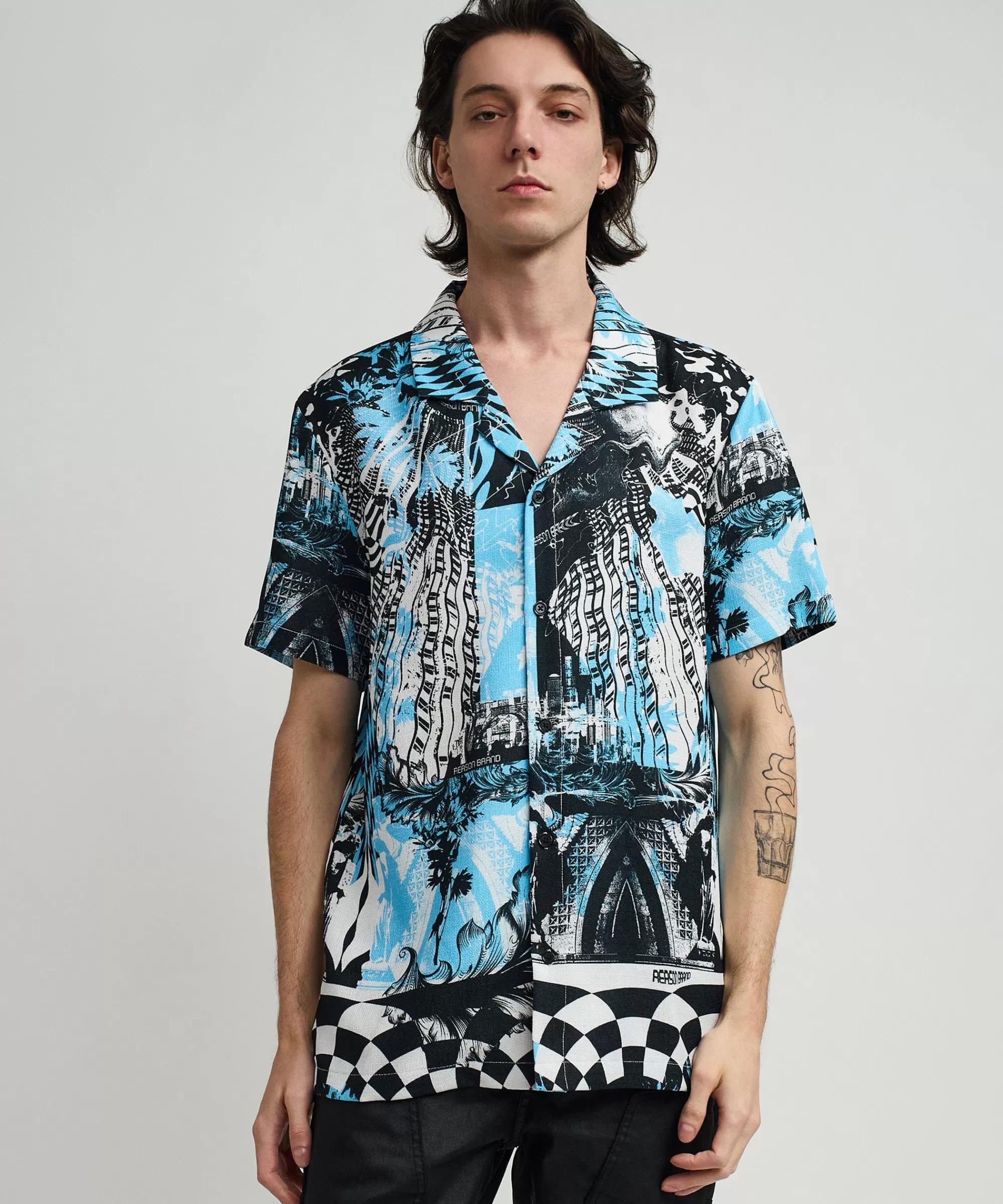 Cheap District Linen Texture Short Sleeve Button Down Shirt - Blue Button Downs