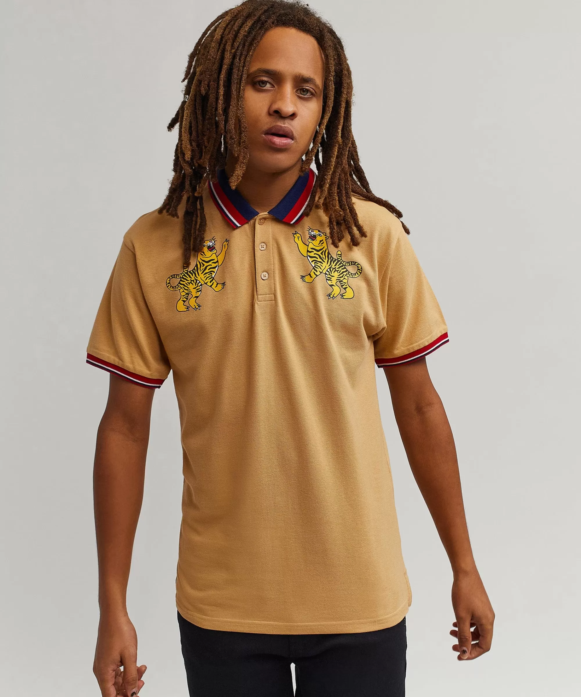 Store Fearless Tiger Embroidered Polo Shirt - Khaki Graphic Tees | Polos