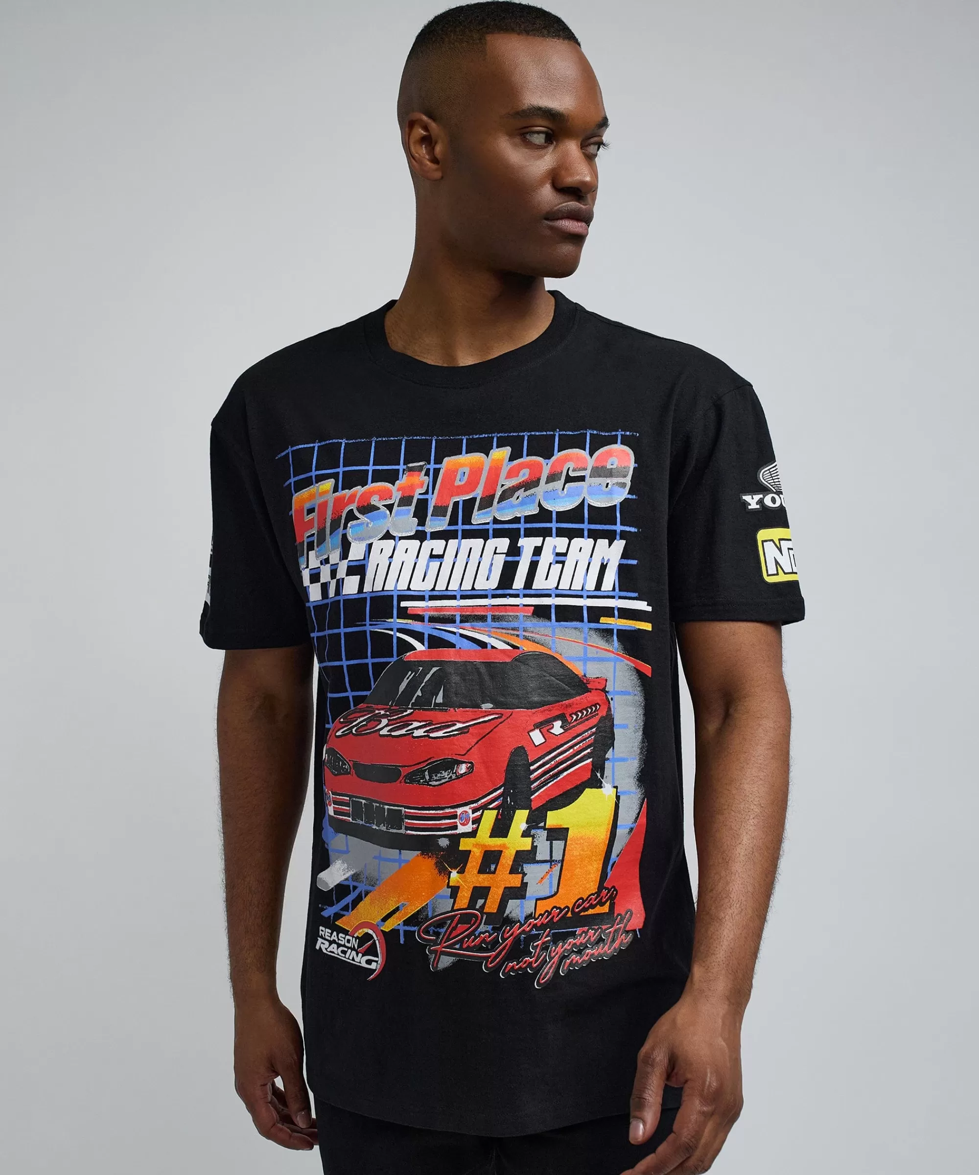 Clearance Foreign Racing Speed Short Sleeve Graphic Print Tee - Black Graphic Tees