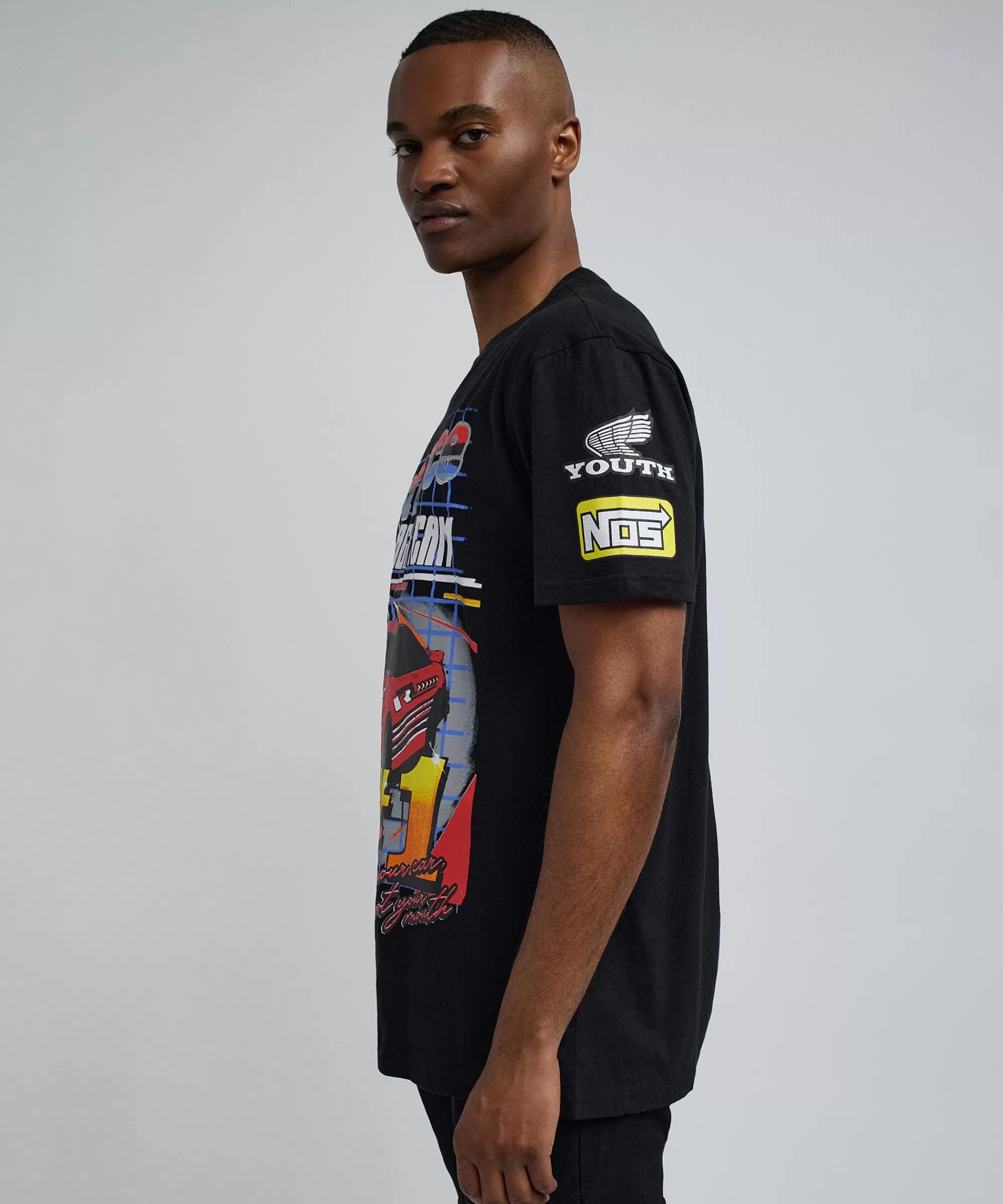 Clearance Foreign Racing Speed Short Sleeve Graphic Print Tee - Black Graphic Tees