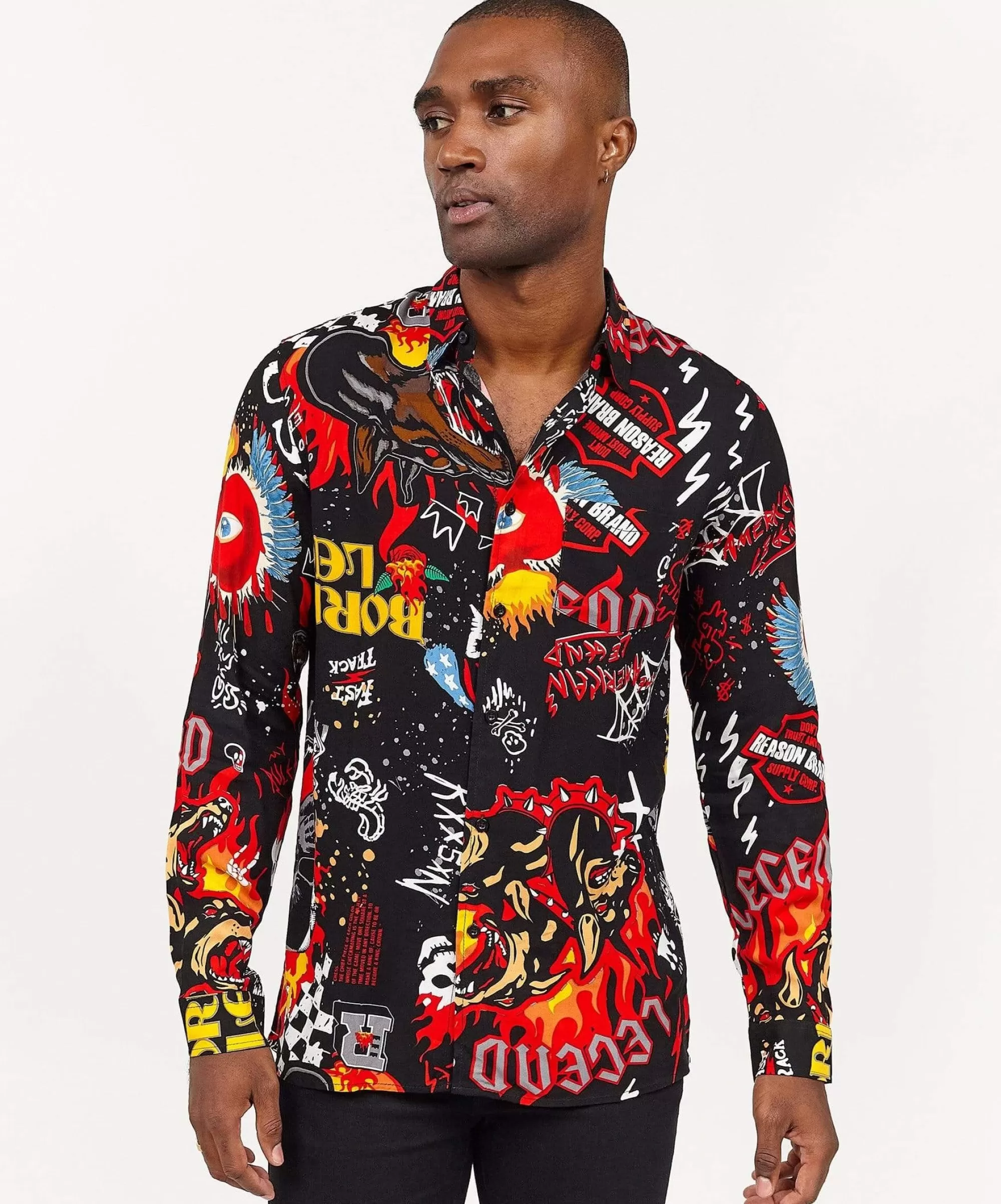 Hot Fury Graffiti Allover Print Long Sleeve Shirt Button Downs