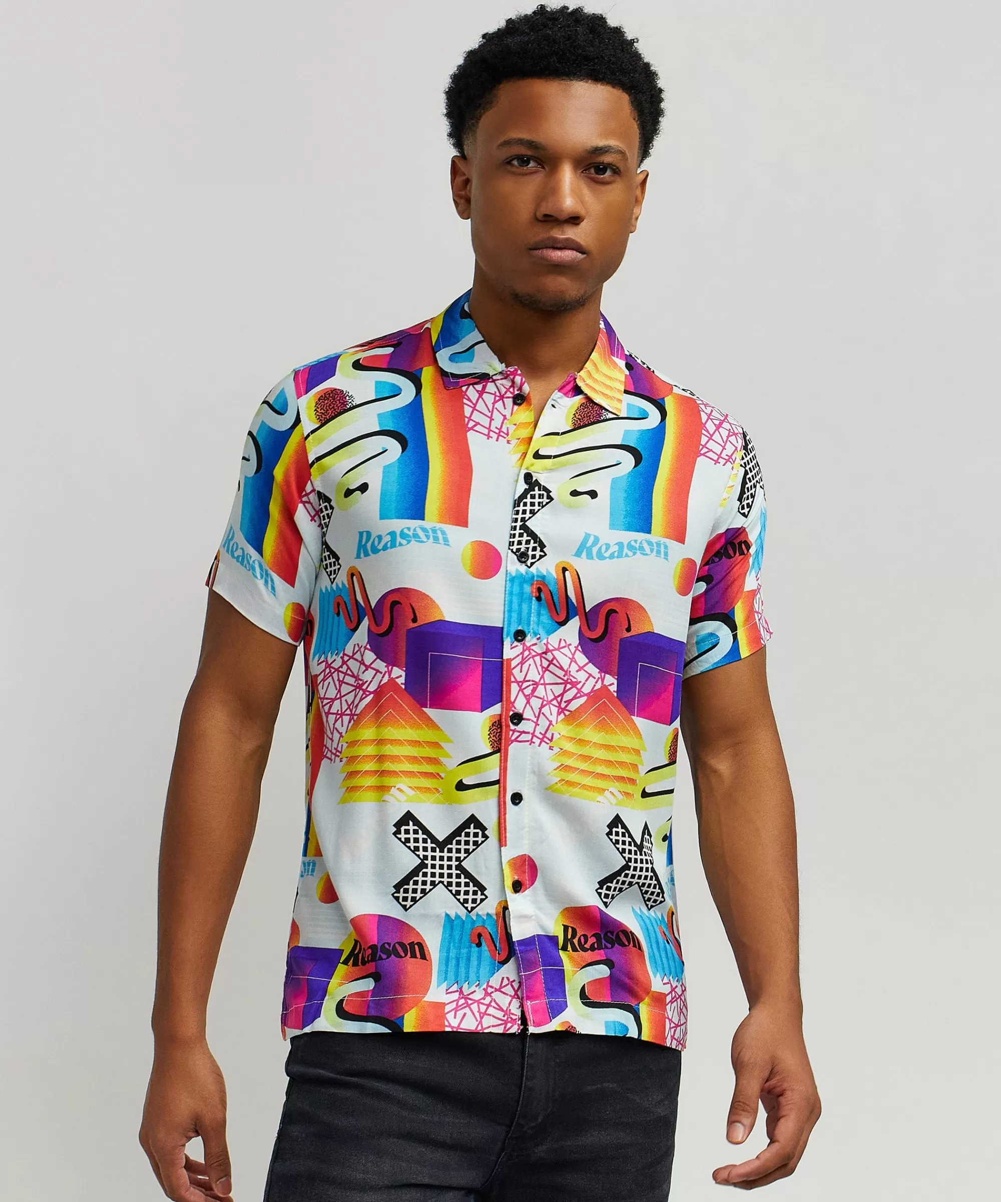 Clearance Geo Shape Allover Print Short Sleeve Shirt Button Downs