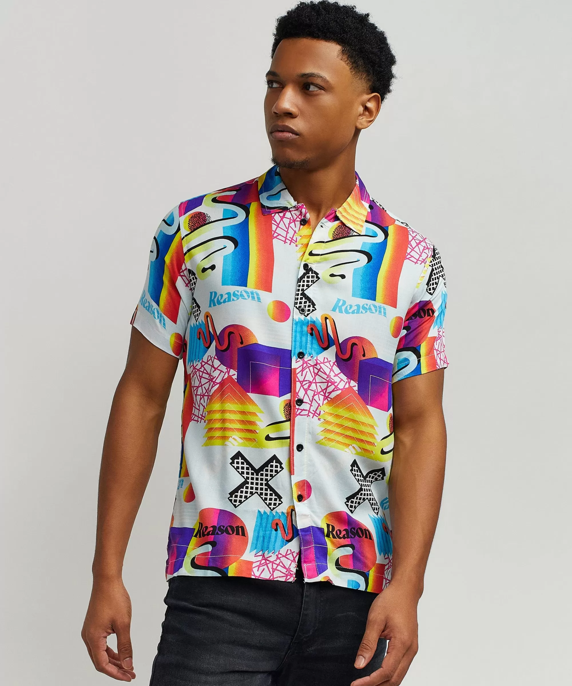 Clearance Geo Shape Allover Print Short Sleeve Shirt Button Downs