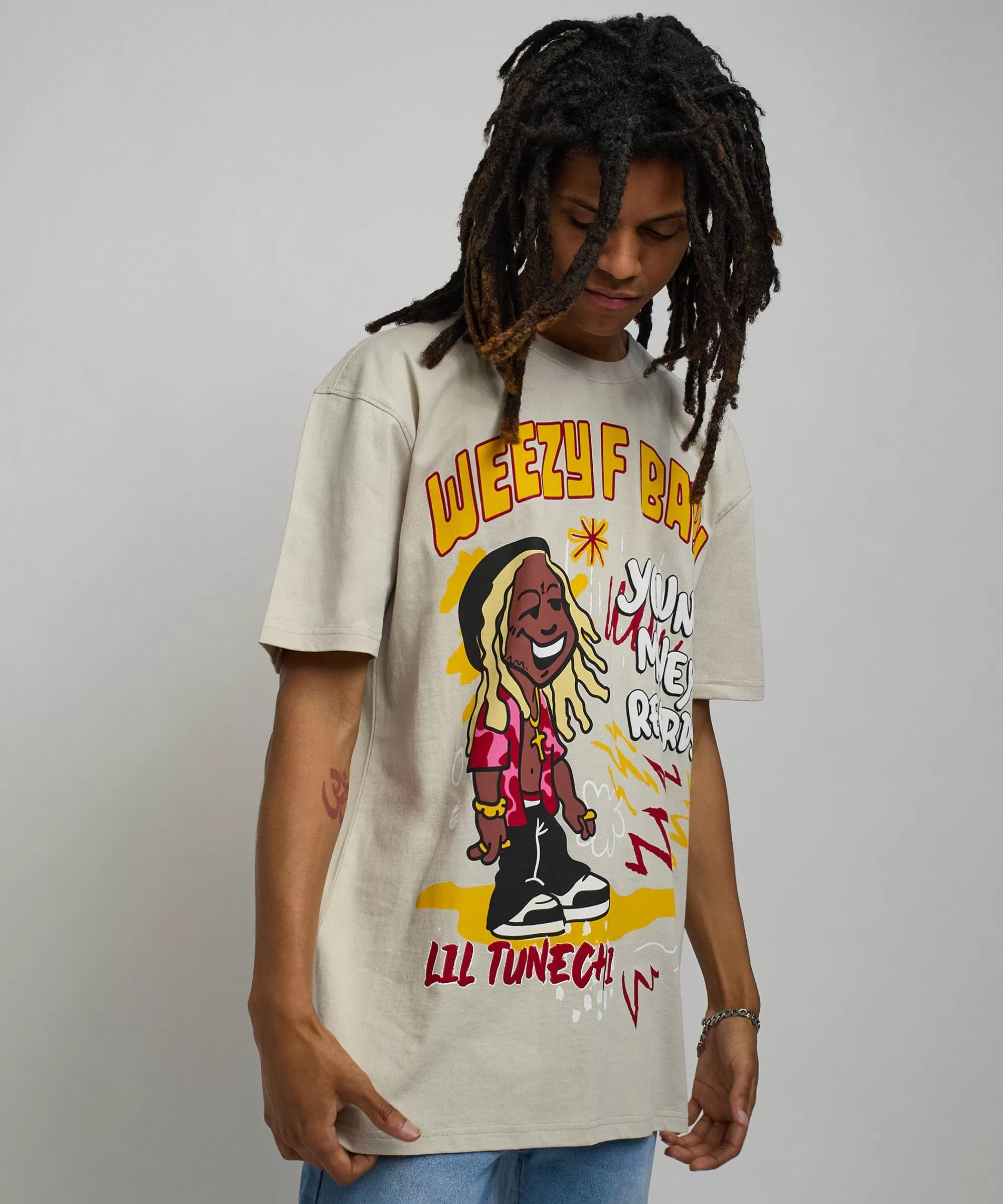 Clearance Lil Wayne Real GS Front And Back Print Short Sleeve Tee - Khaki Graphic Tees
