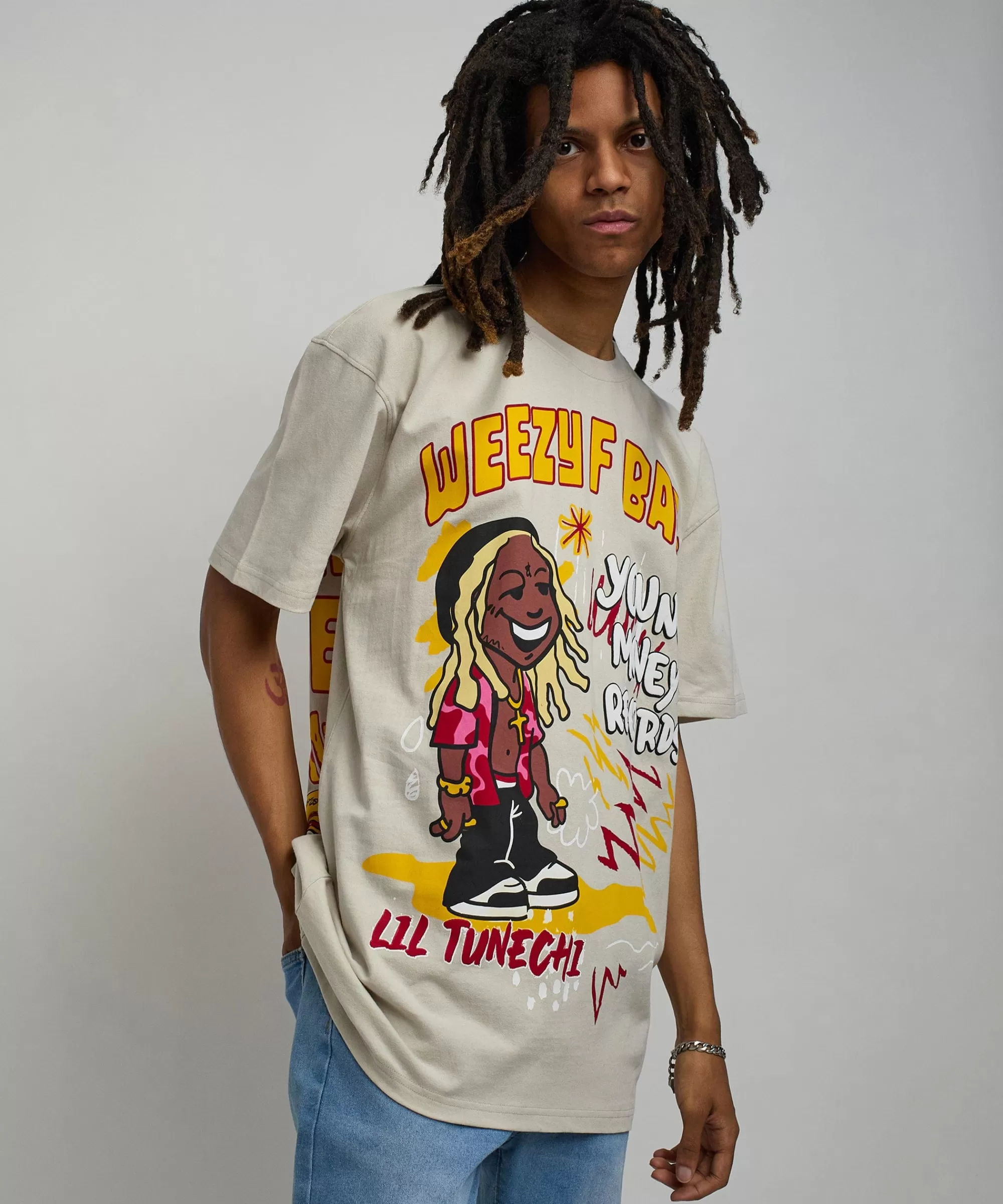 Clearance Lil Wayne Real GS Front And Back Print Short Sleeve Tee - Khaki Graphic Tees