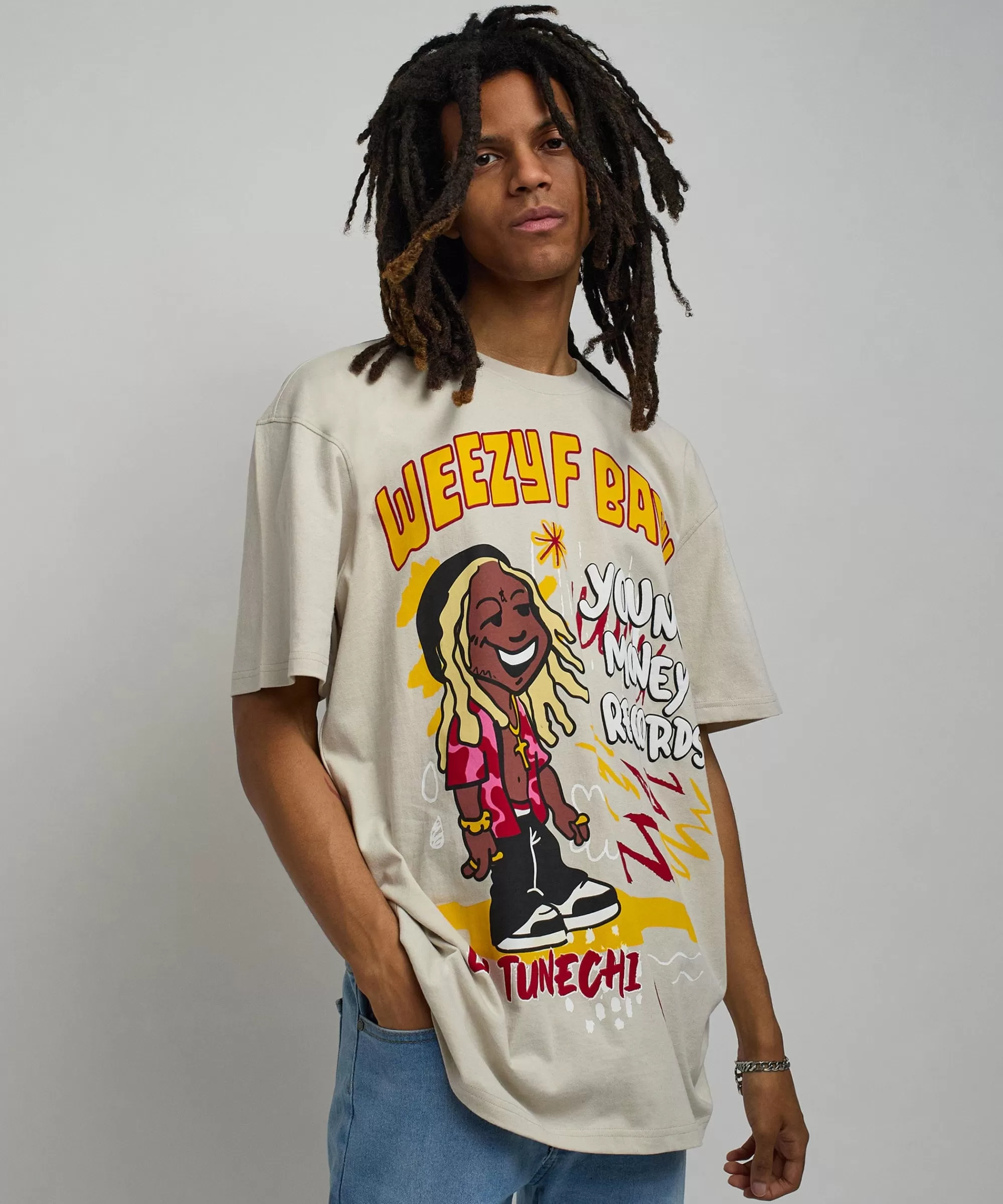 Clearance Lil Wayne Real GS Front And Back Print Short Sleeve Tee - Khaki Graphic Tees