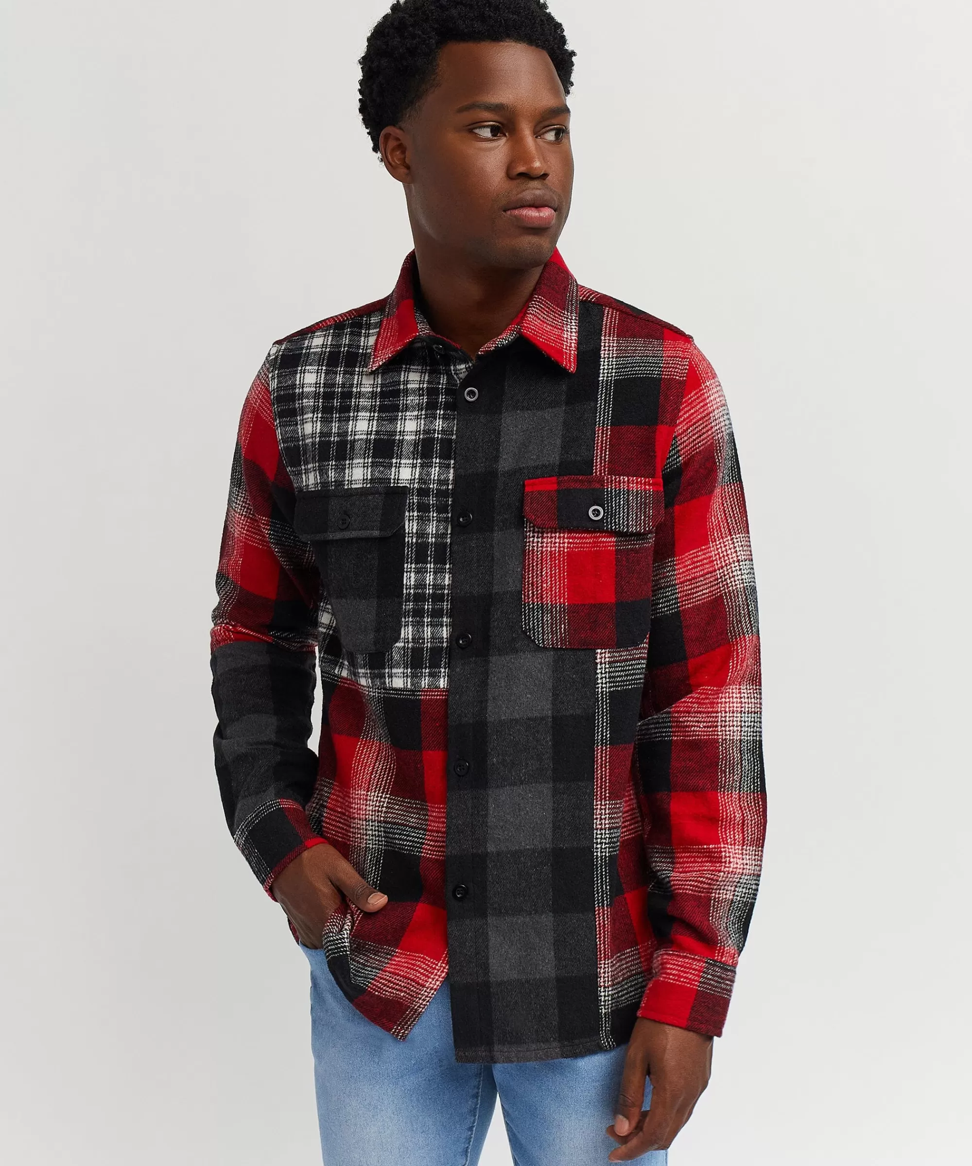 Fashion Multi Panel Checkered Overshirt - Red Flannels | Button Downs