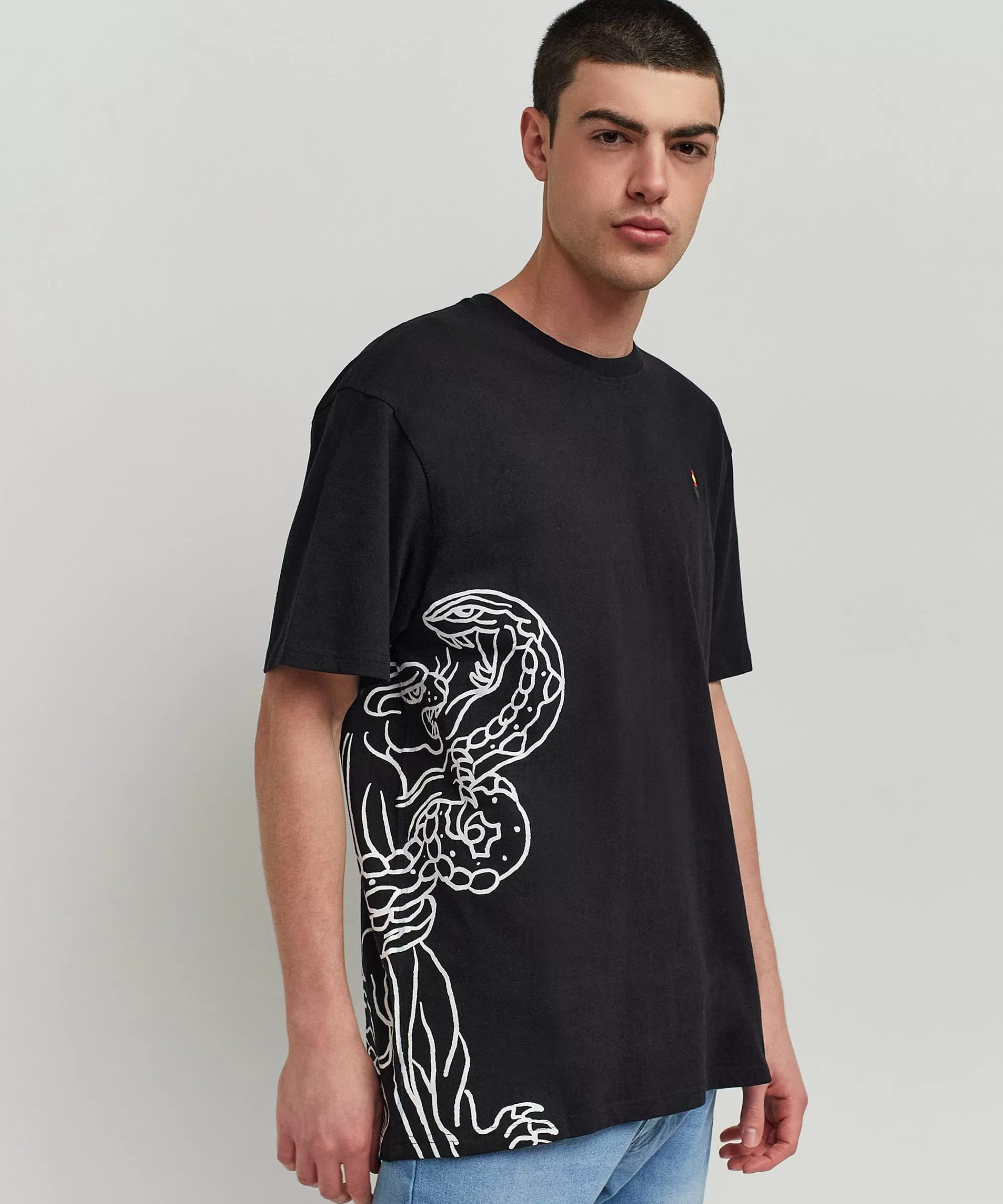 Fashion Panter Short Sleeve Graphic Print Embroidered Detail Tee - Black Graphic Tees