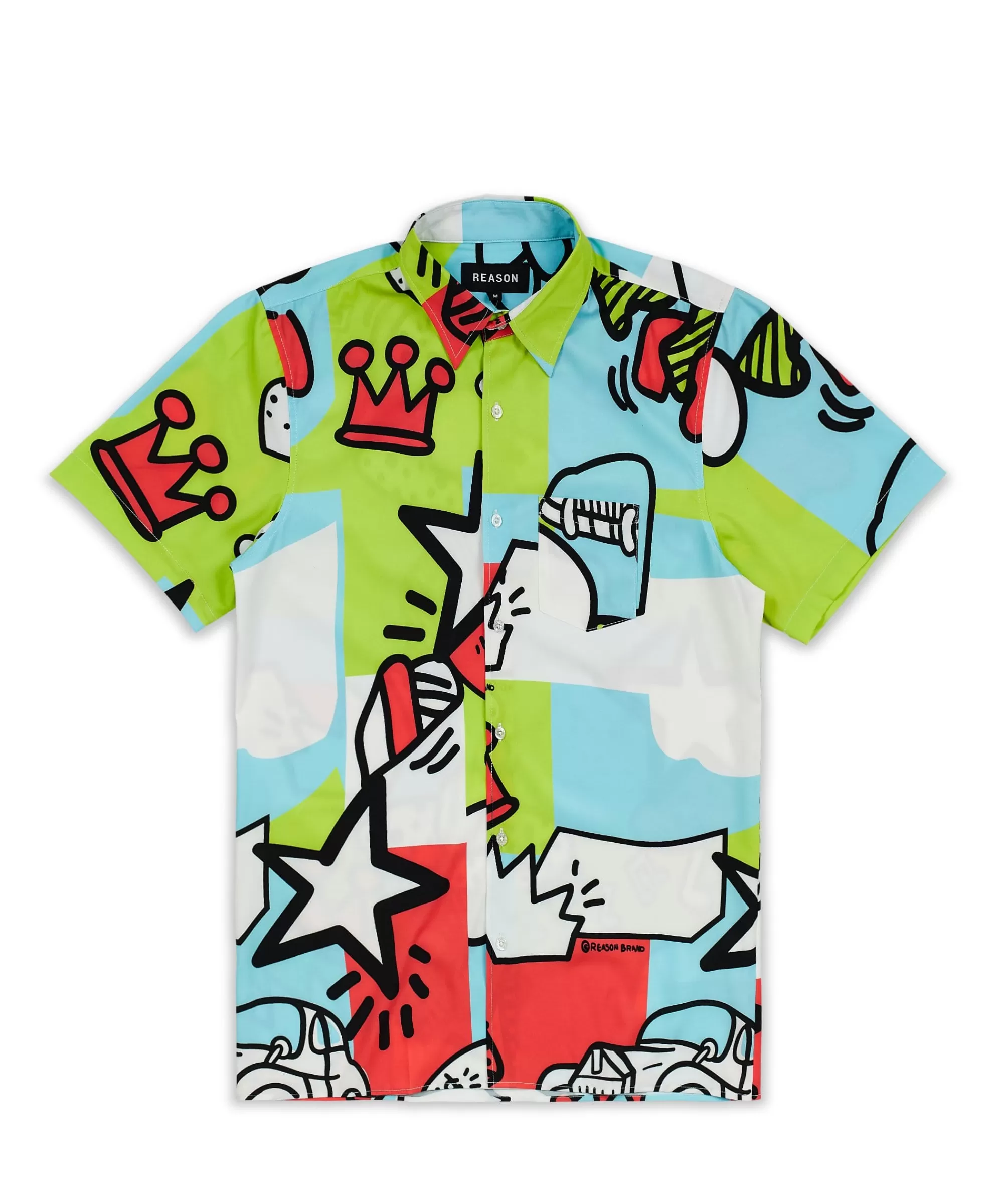 Sale Party Block Comic Print Short Sleeve Shirt - Green Button Downs