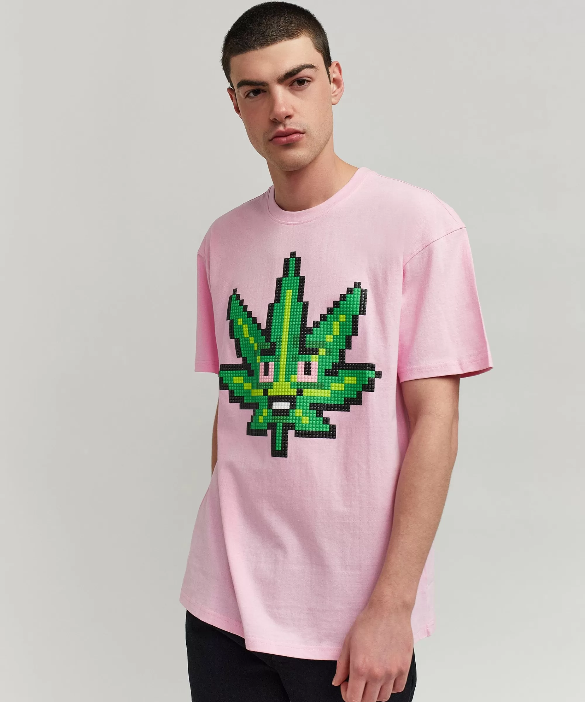 Fashion Pixel Leaf Short Sleeve Tee - Pink Graphic Tees