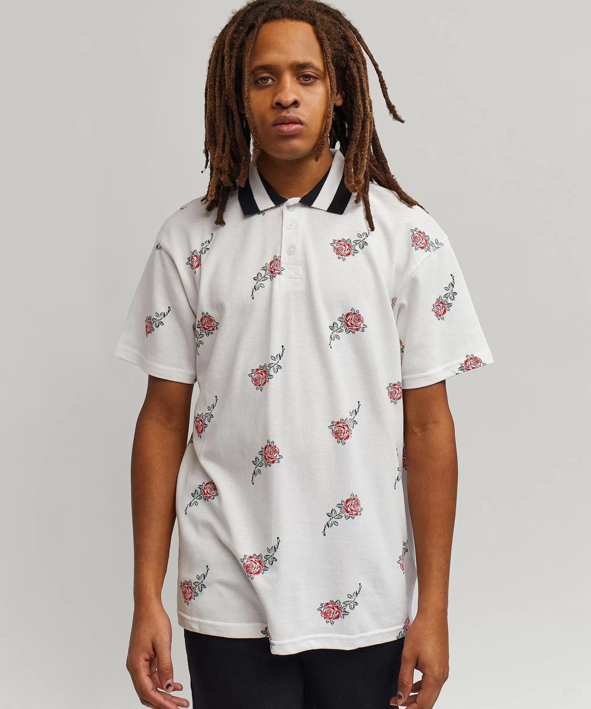 Discount Rose Allover Print Polo - White Polos | Graphic Tees