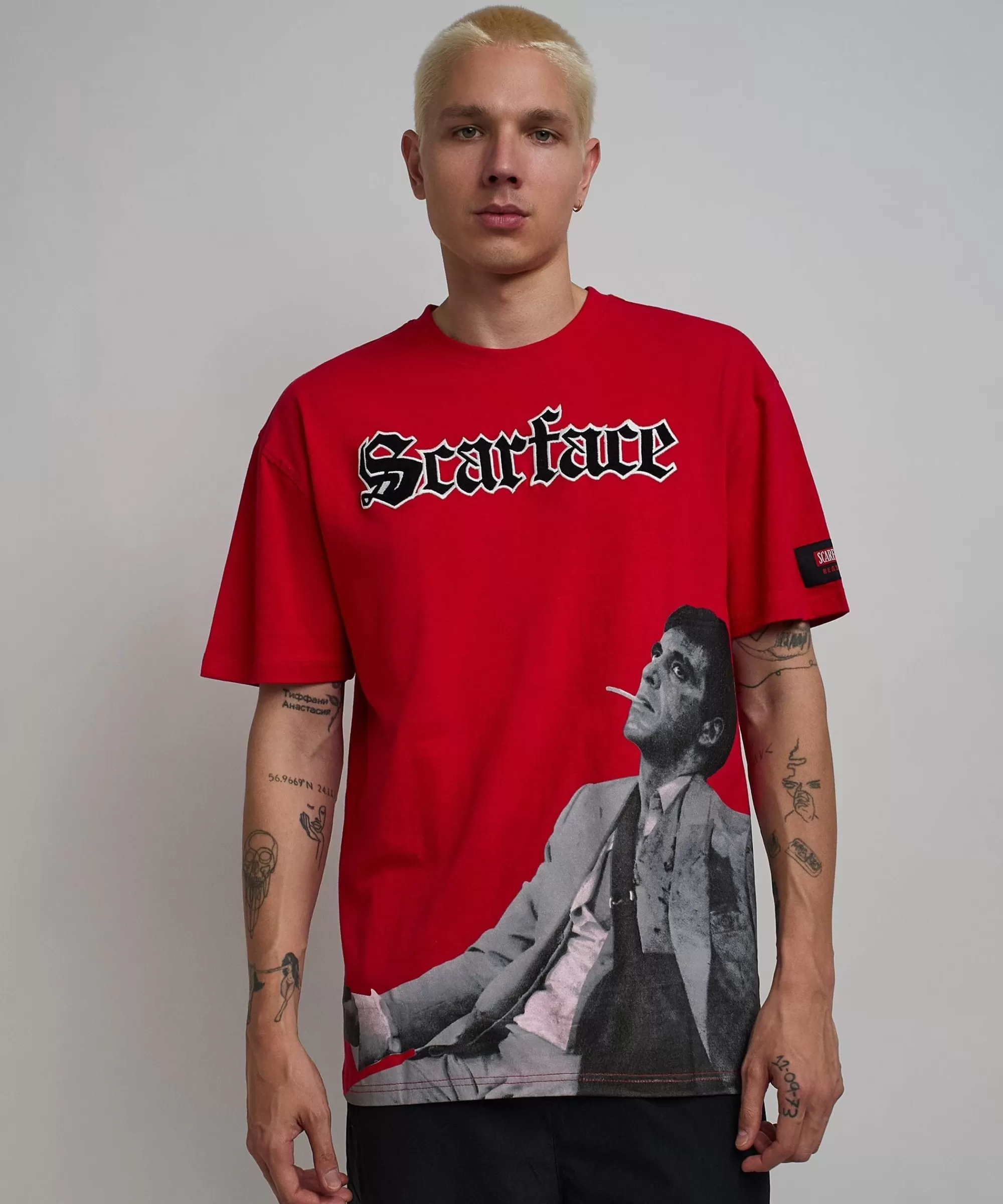 Fashion Scarface Old English Short Sleeve Tee - Red Graphic Tees