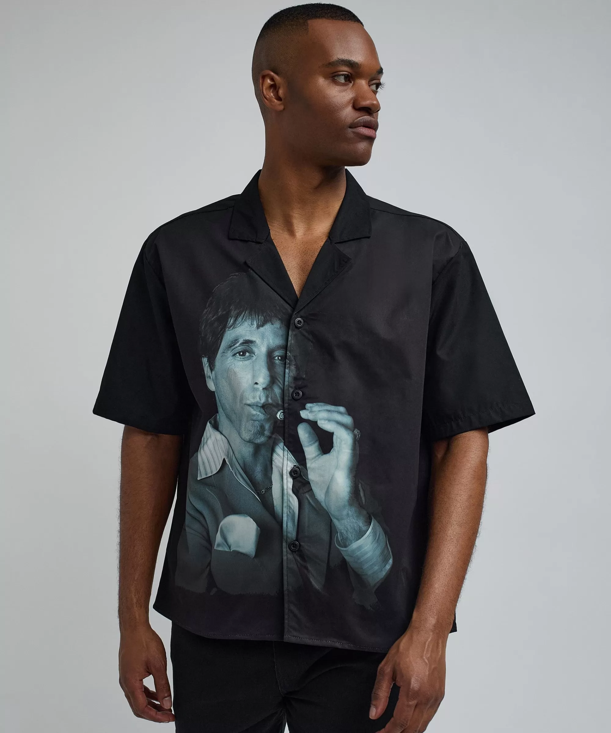 Sale Scarface Tony Montana Short Sleeve Shirt Box Fit - Black Button Downs