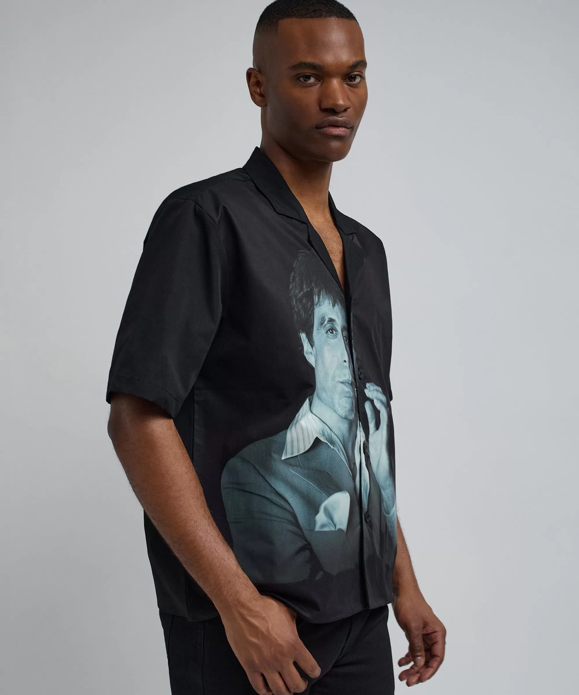 Sale Scarface Tony Montana Short Sleeve Shirt Box Fit - Black Button Downs