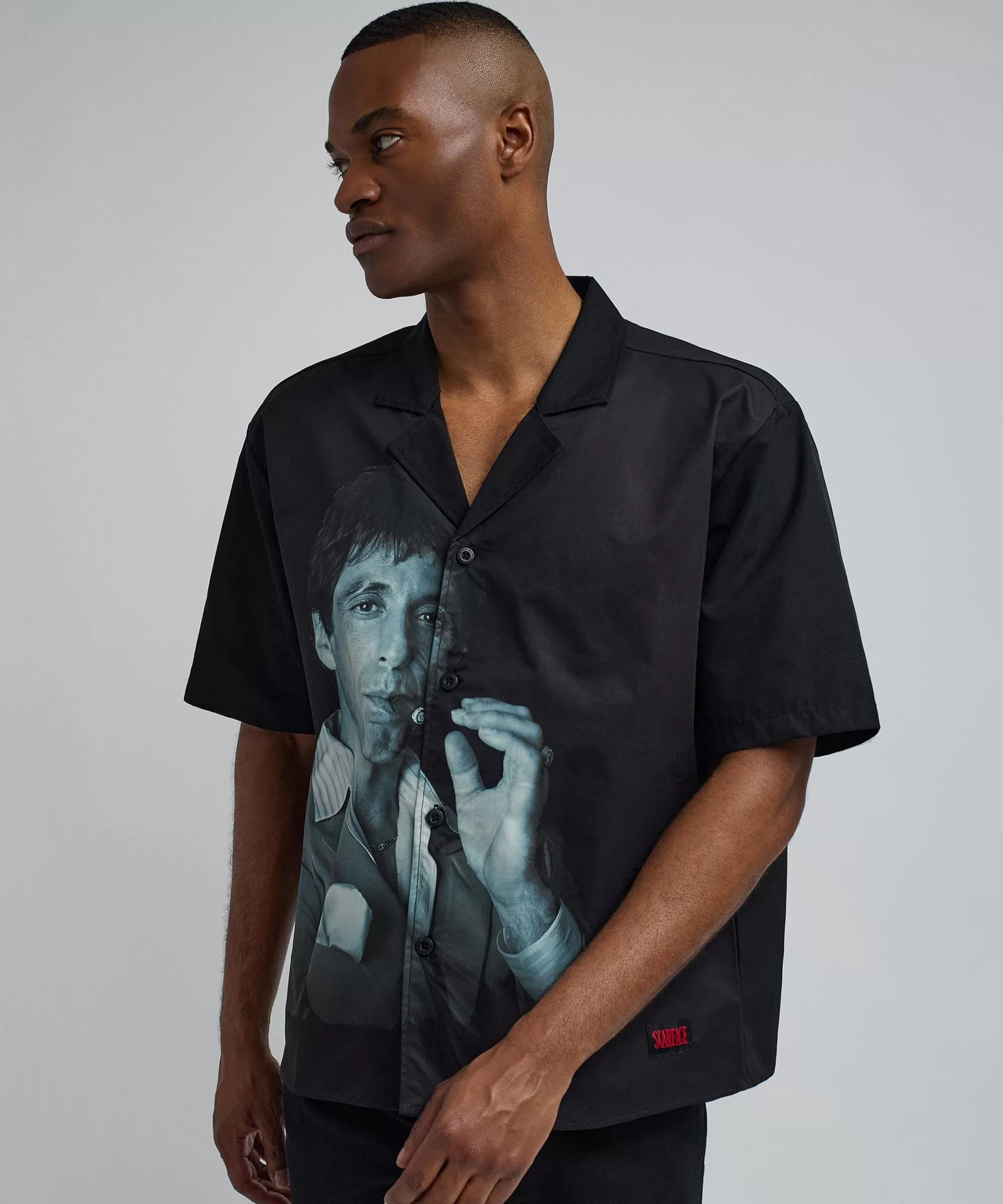 Sale Scarface Tony Montana Short Sleeve Shirt Box Fit - Black Button Downs