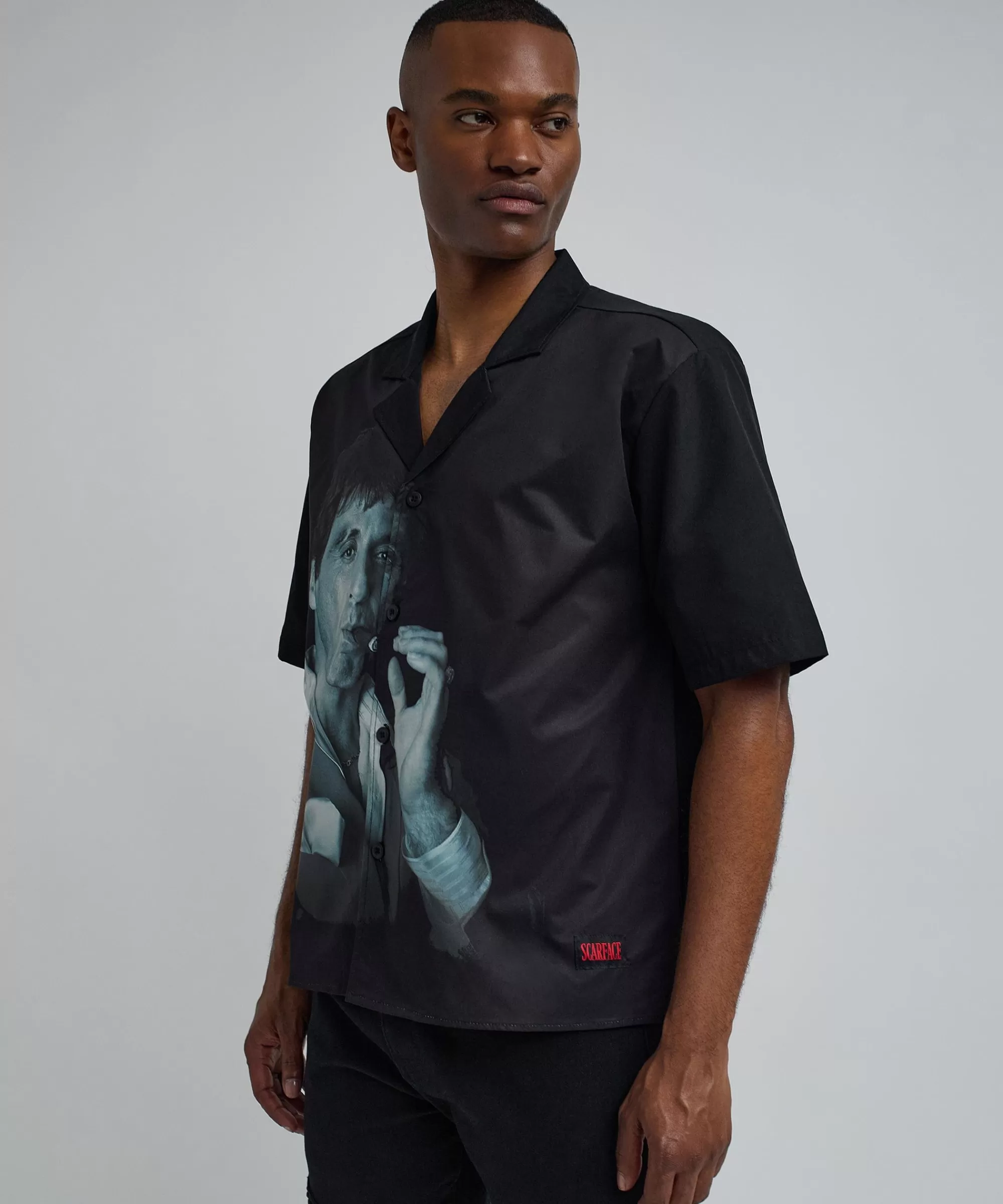 Sale Scarface Tony Montana Short Sleeve Shirt Box Fit - Black Button Downs