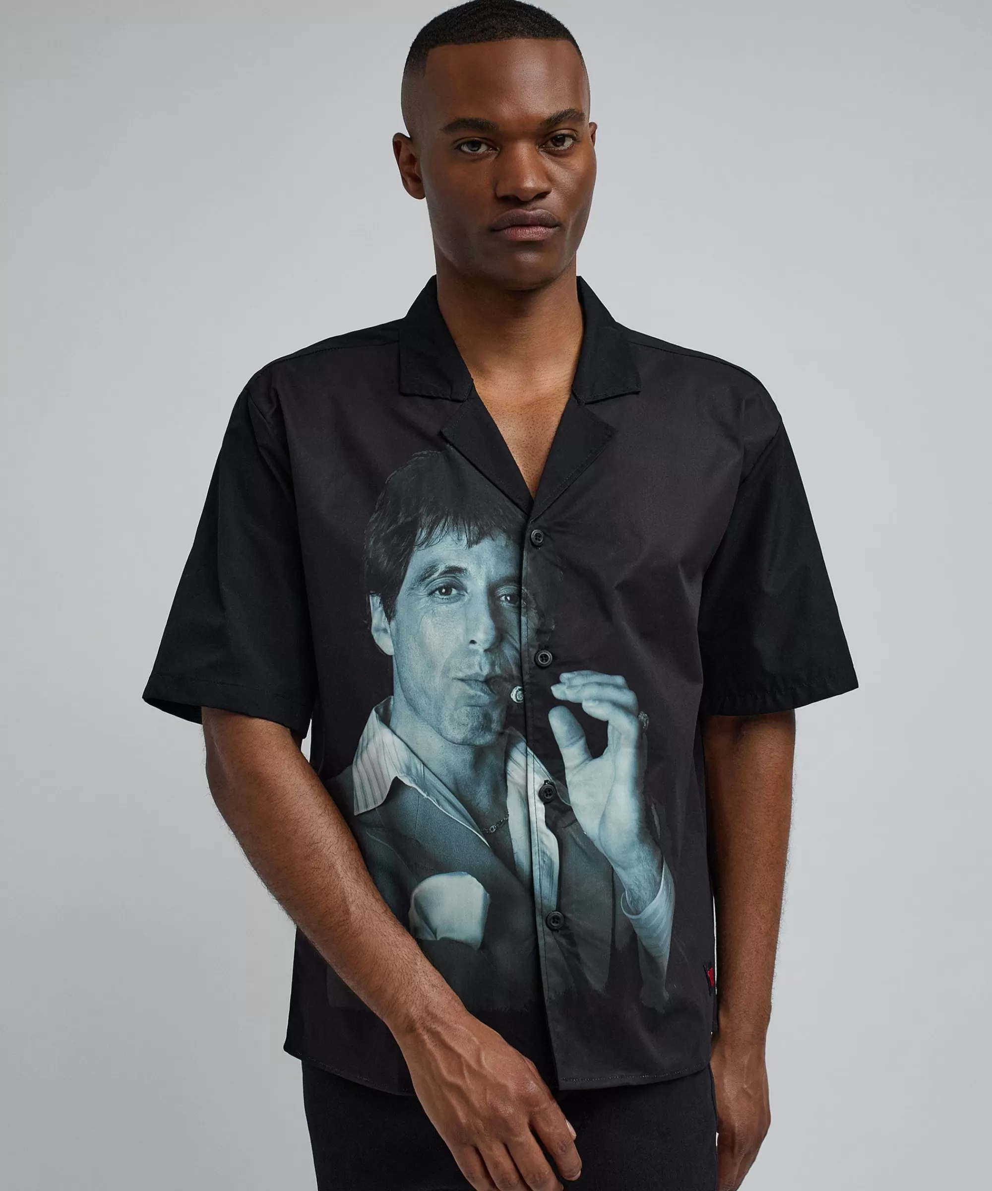 Sale Scarface Tony Montana Short Sleeve Shirt Box Fit - Black Button Downs
