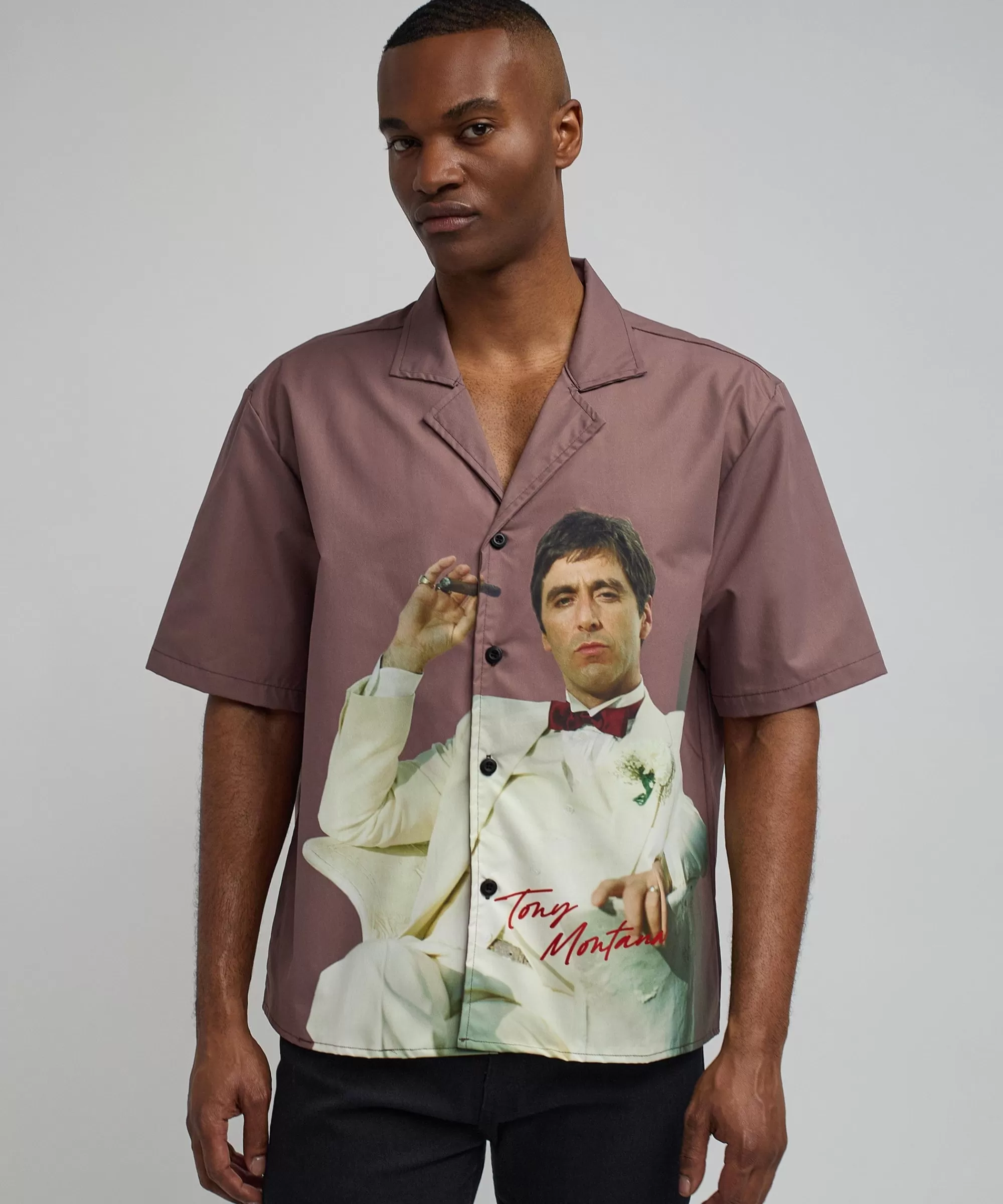 New Scarface Tony Montana Short Sleeve Shirt Box Fit - Brown Button Downs | Oversized Tees