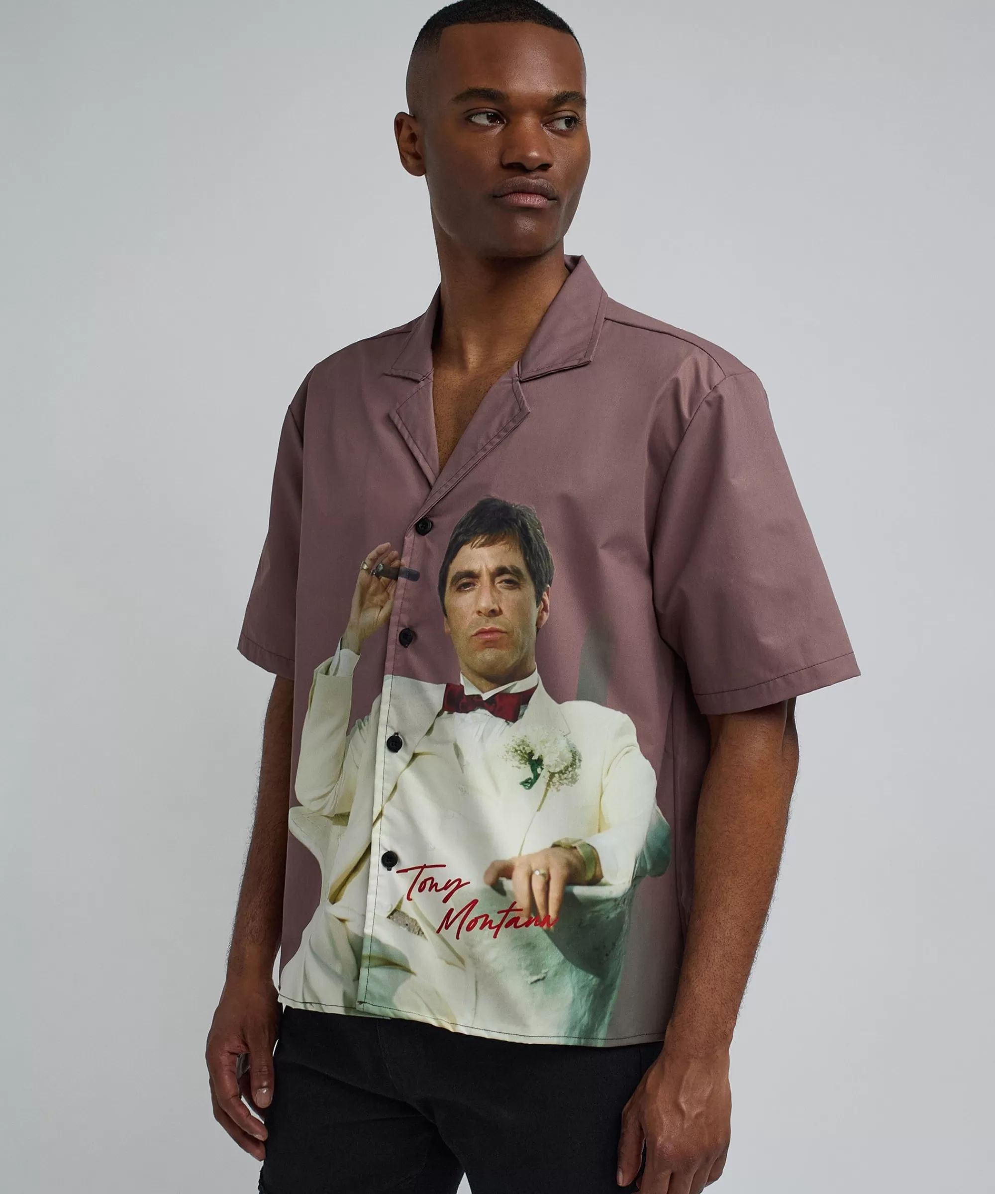 New Scarface Tony Montana Short Sleeve Shirt Box Fit - Brown Button Downs | Oversized Tees
