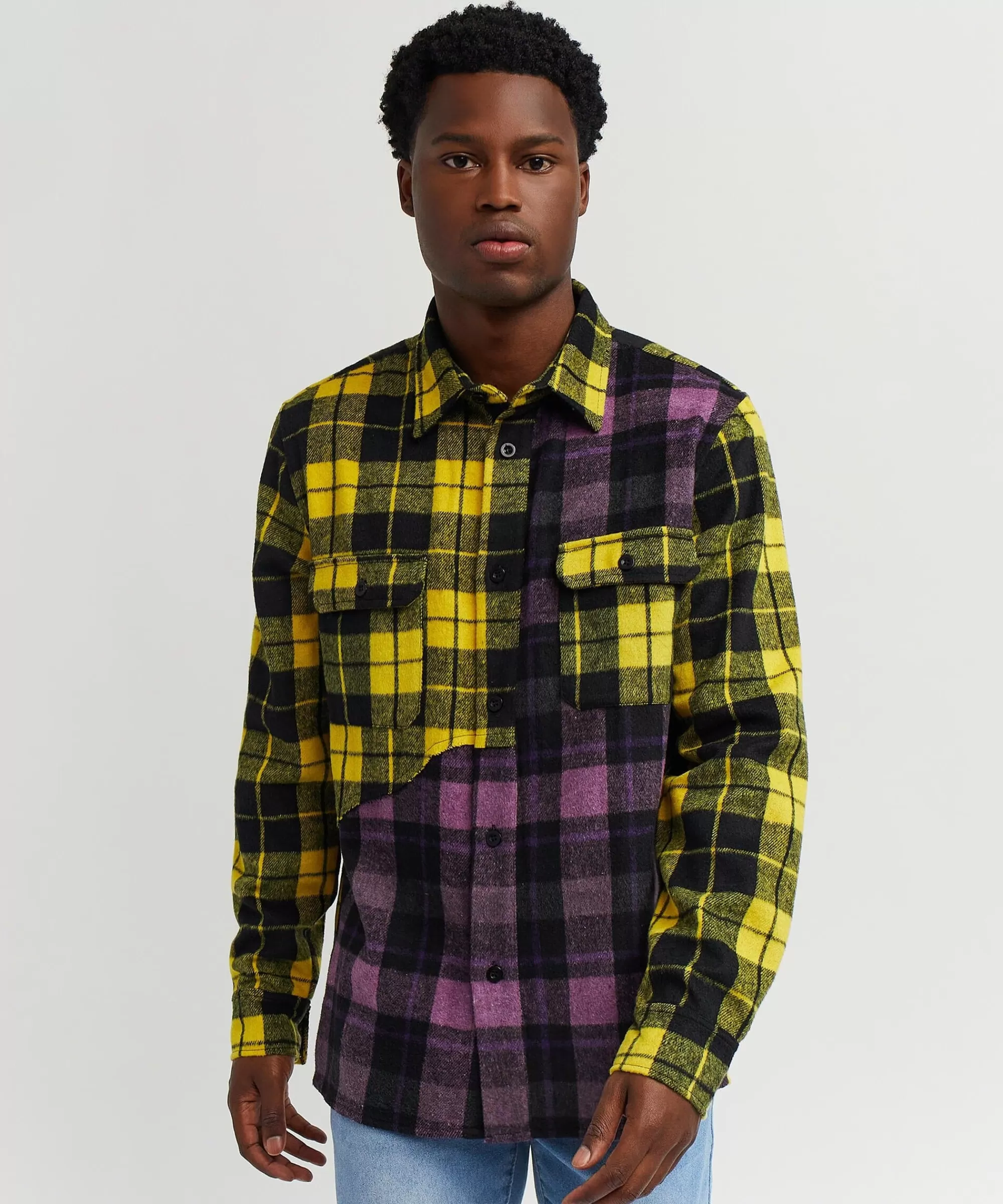 Best Spliced Checkered Color Blocked Overshirt - Purple Button Downs | Flannels