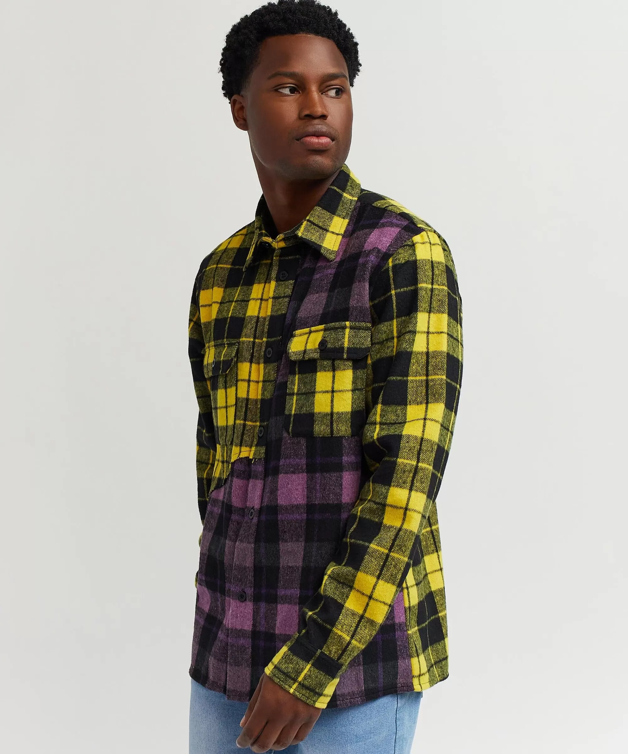 Best Spliced Checkered Color Blocked Overshirt - Purple Button Downs | Flannels