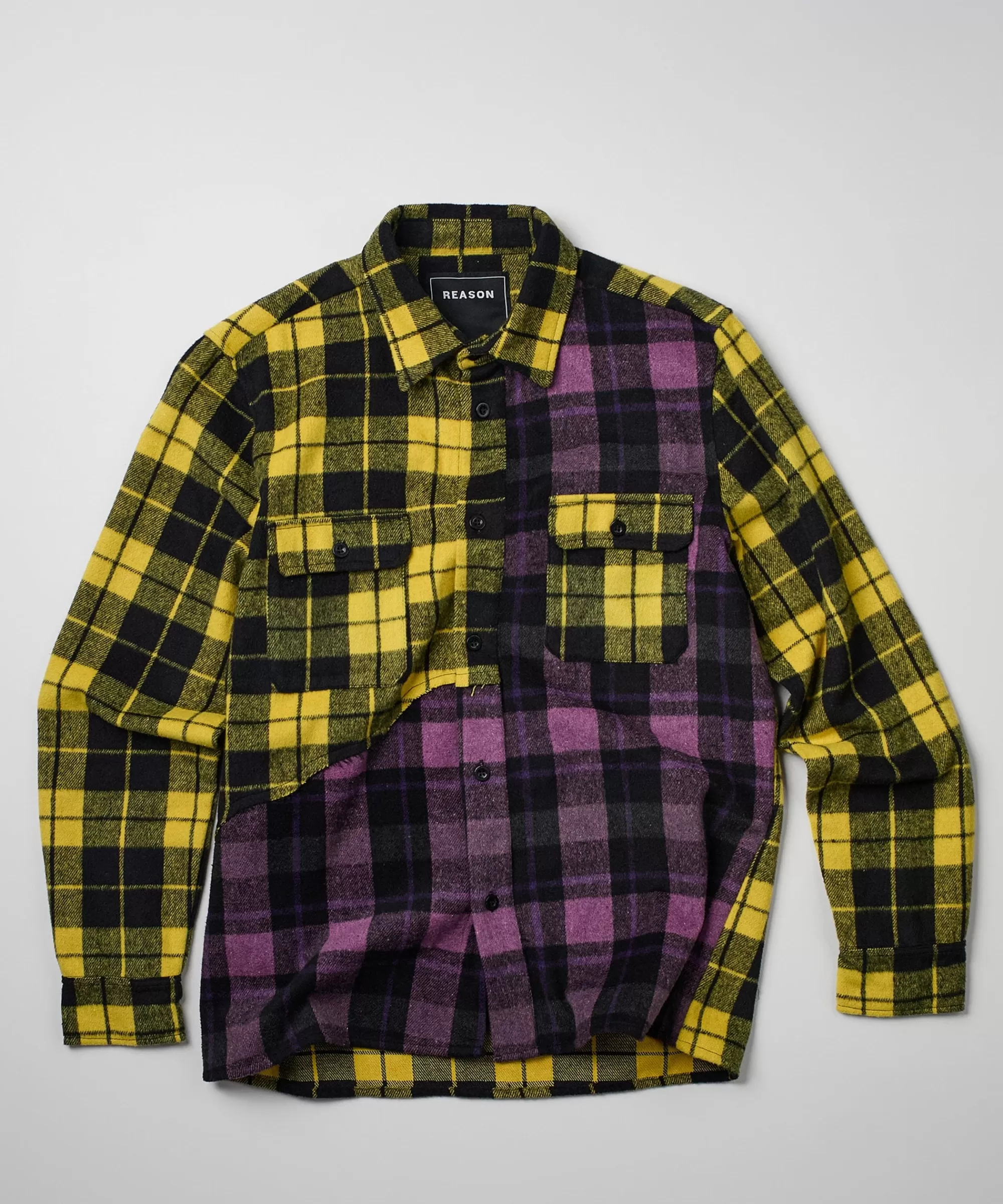 Best Spliced Checkered Color Blocked Overshirt - Purple Button Downs | Flannels