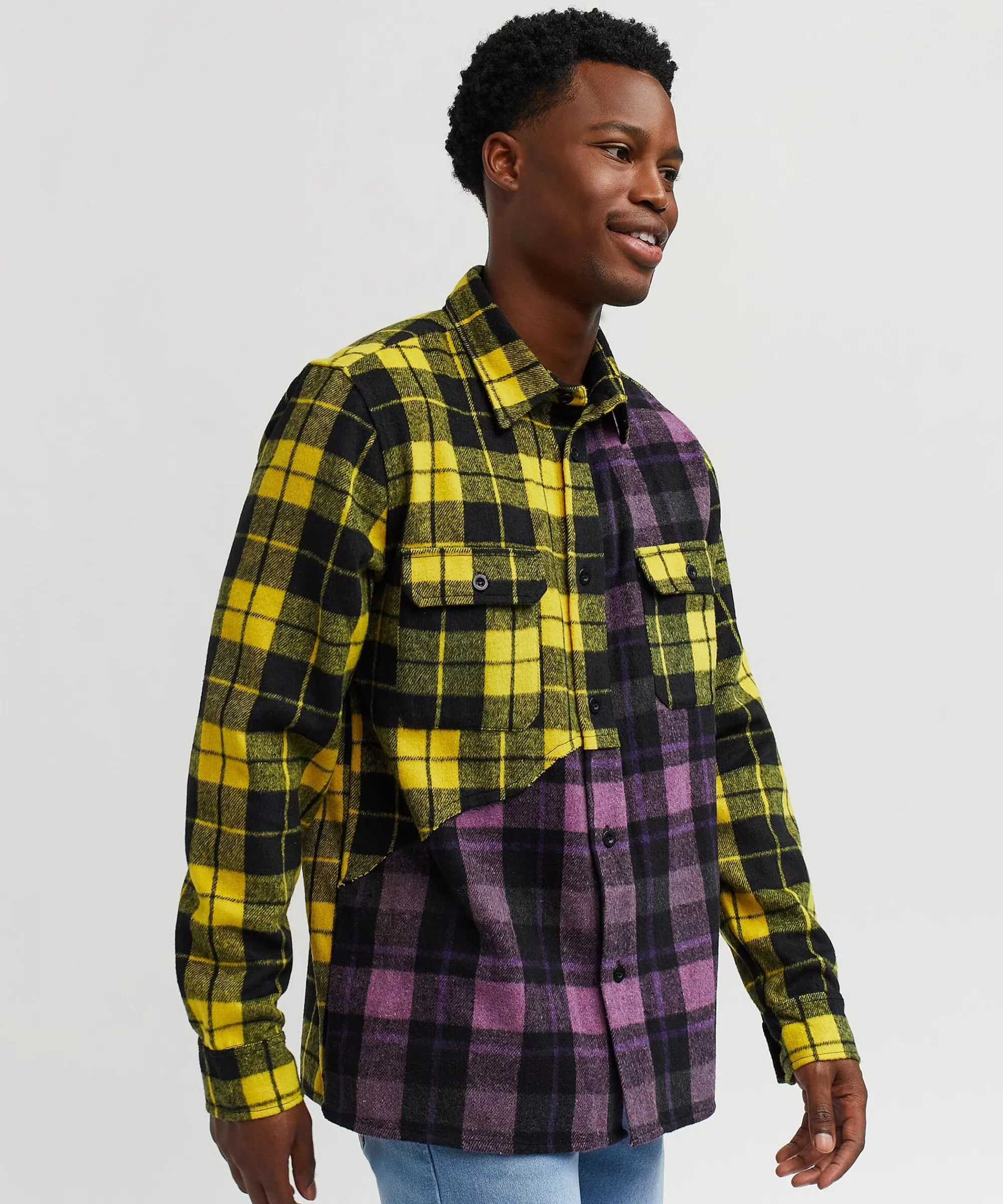 Best Spliced Checkered Color Blocked Overshirt - Purple Button Downs | Flannels