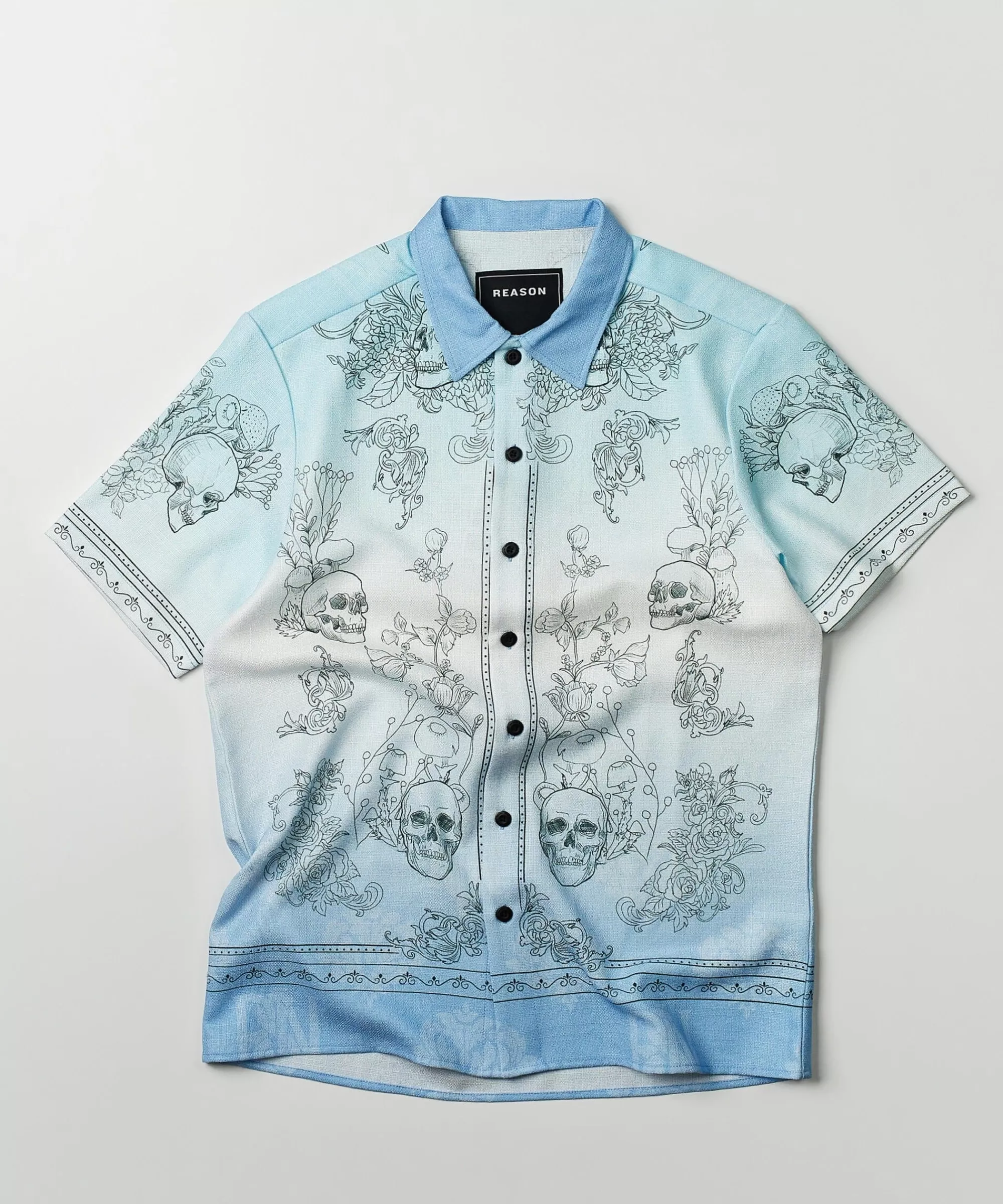 Fashion Styx Skulls Linen Texture Short Sleeve Button Down Shirt - Light Blue Button Downs