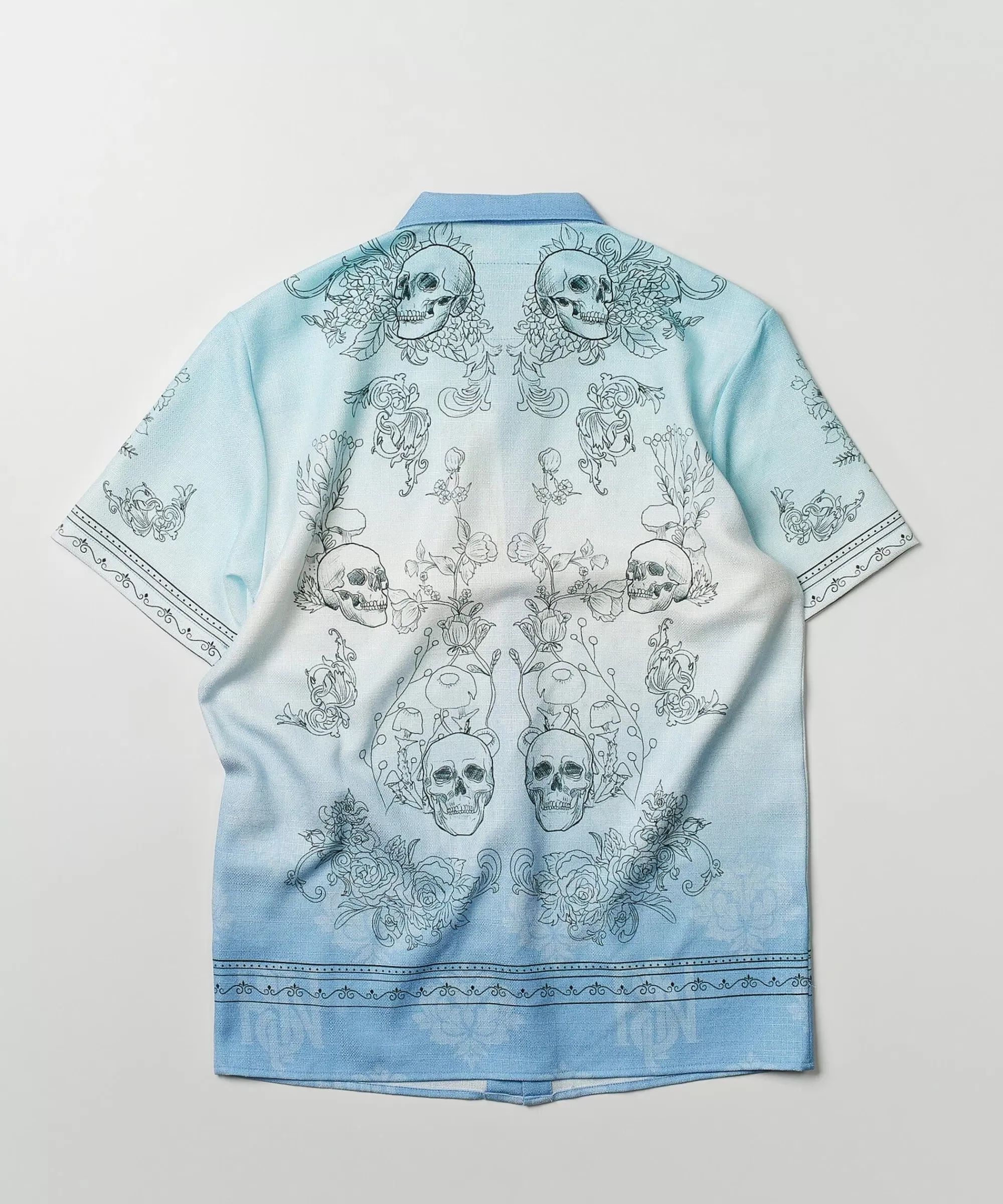 Fashion Styx Skulls Linen Texture Short Sleeve Button Down Shirt - Light Blue Button Downs