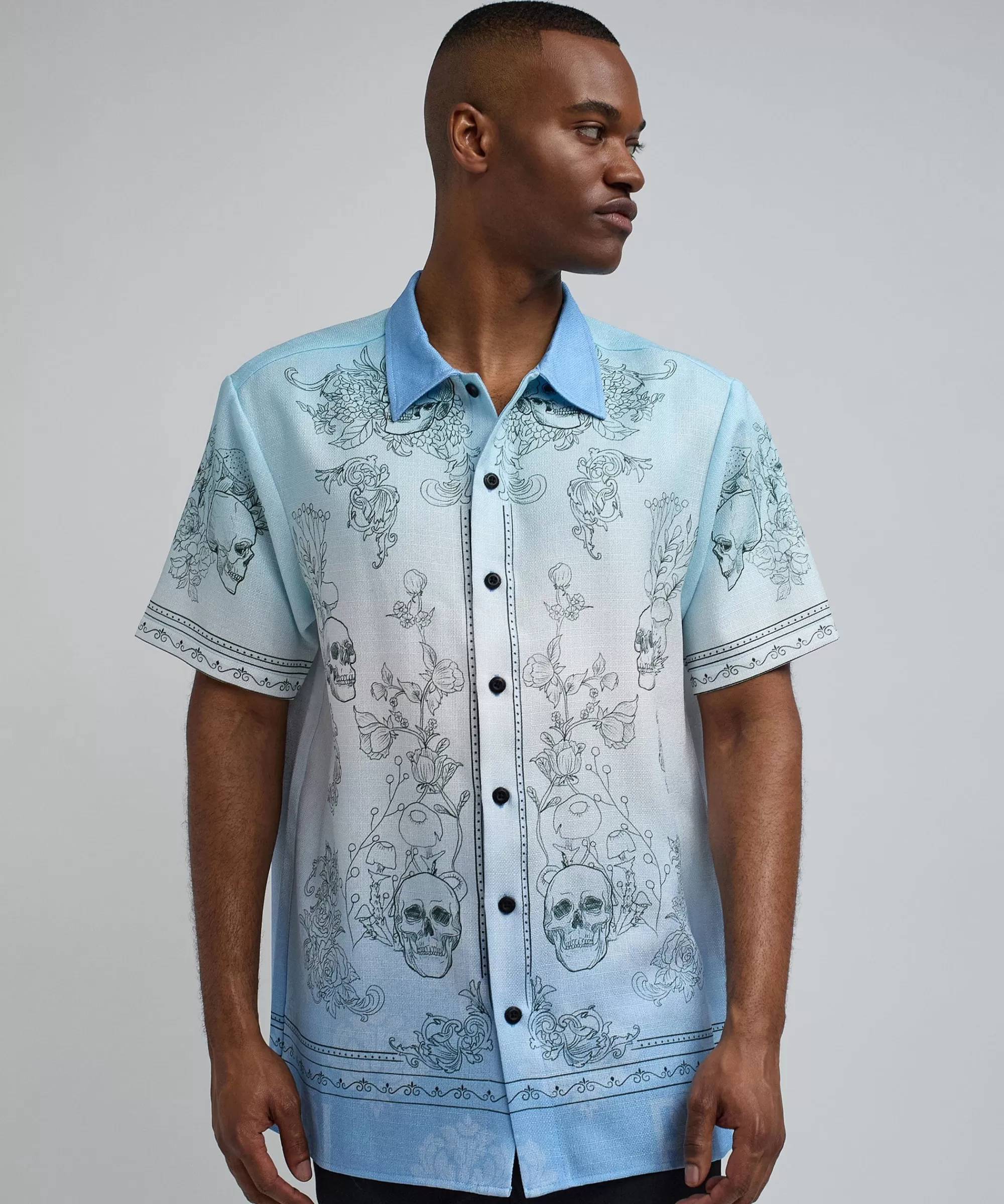 Fashion Styx Skulls Linen Texture Short Sleeve Button Down Shirt - Light Blue Button Downs