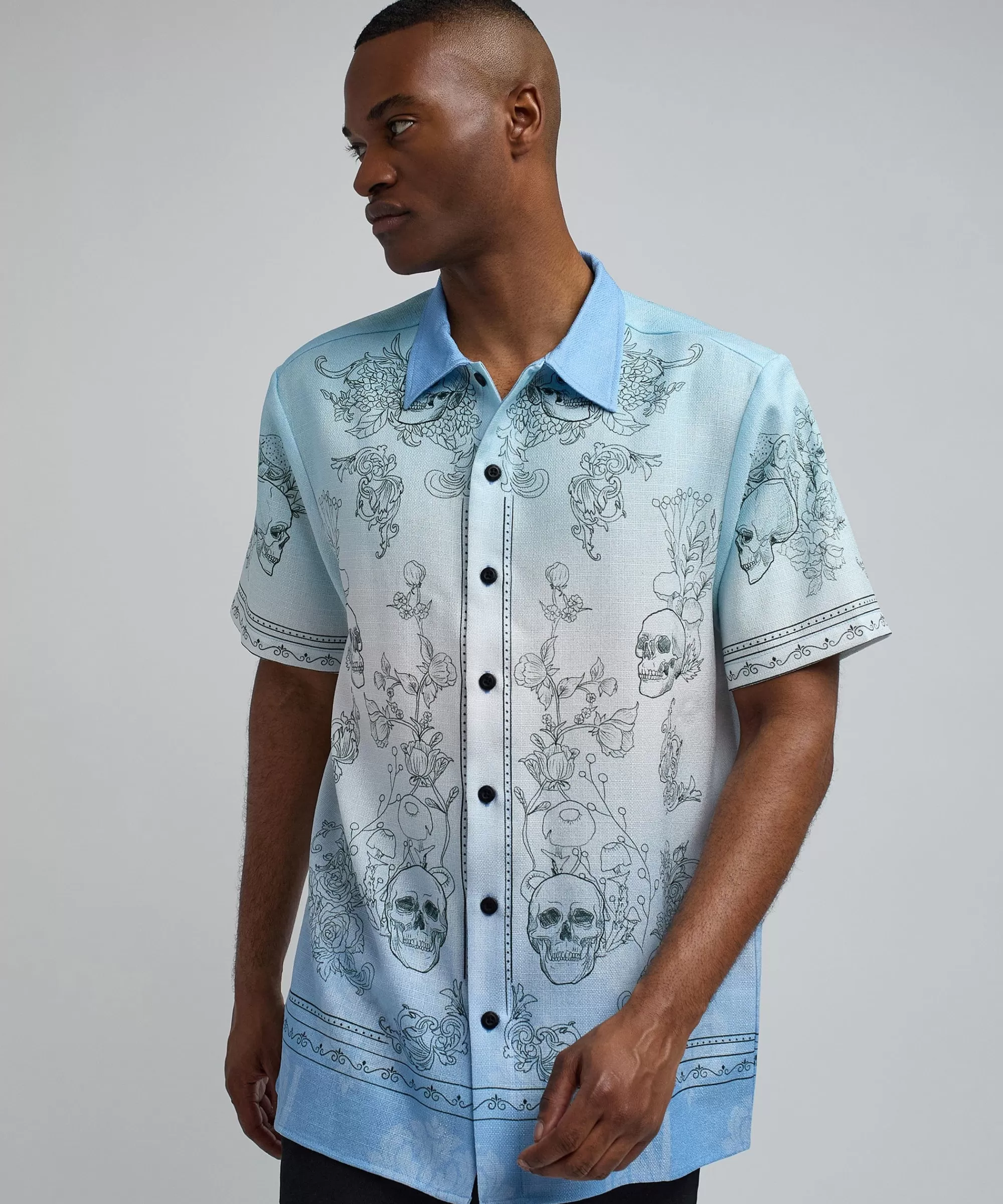 Fashion Styx Skulls Linen Texture Short Sleeve Button Down Shirt - Light Blue Button Downs